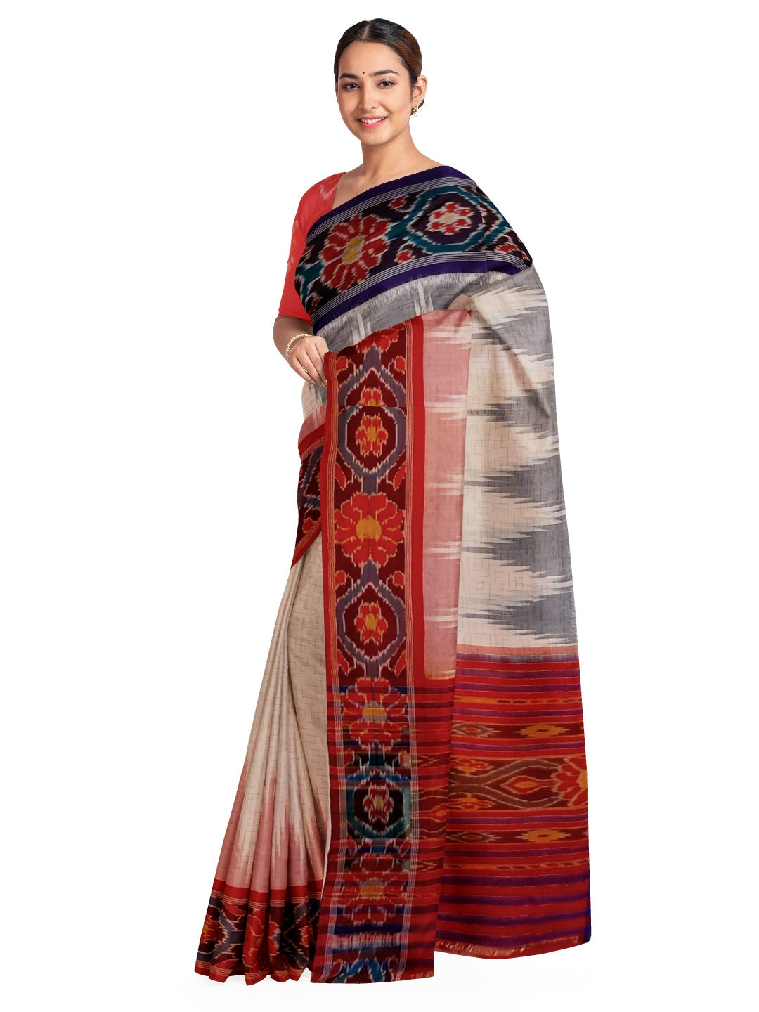 White Ganga Jamuna border Cotton Odisha Ikat saree with cotton ikat blouse piece