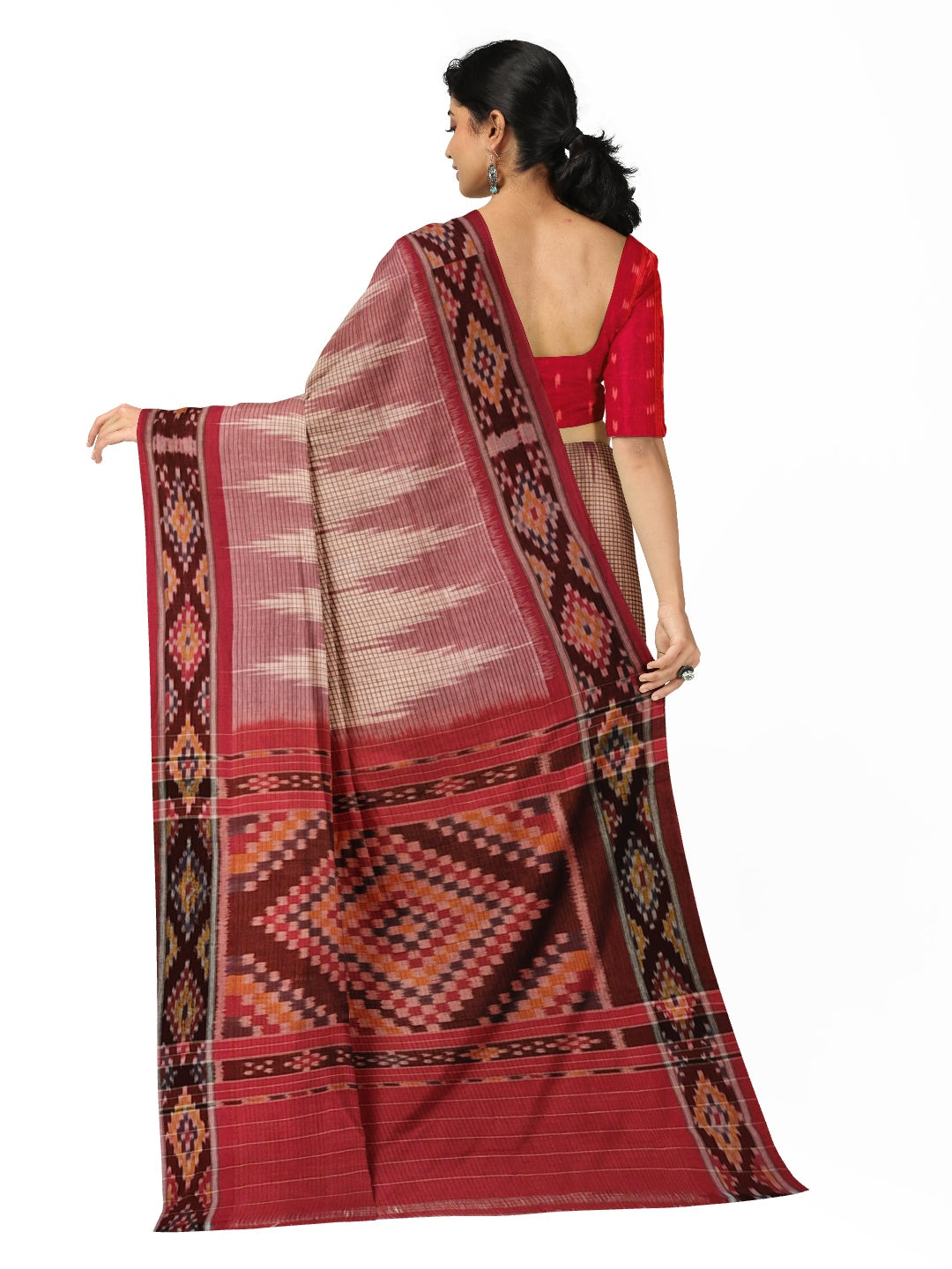 Beige Checkered body Cotton Odisha Ikat saree with cotton ikat blouse piece
