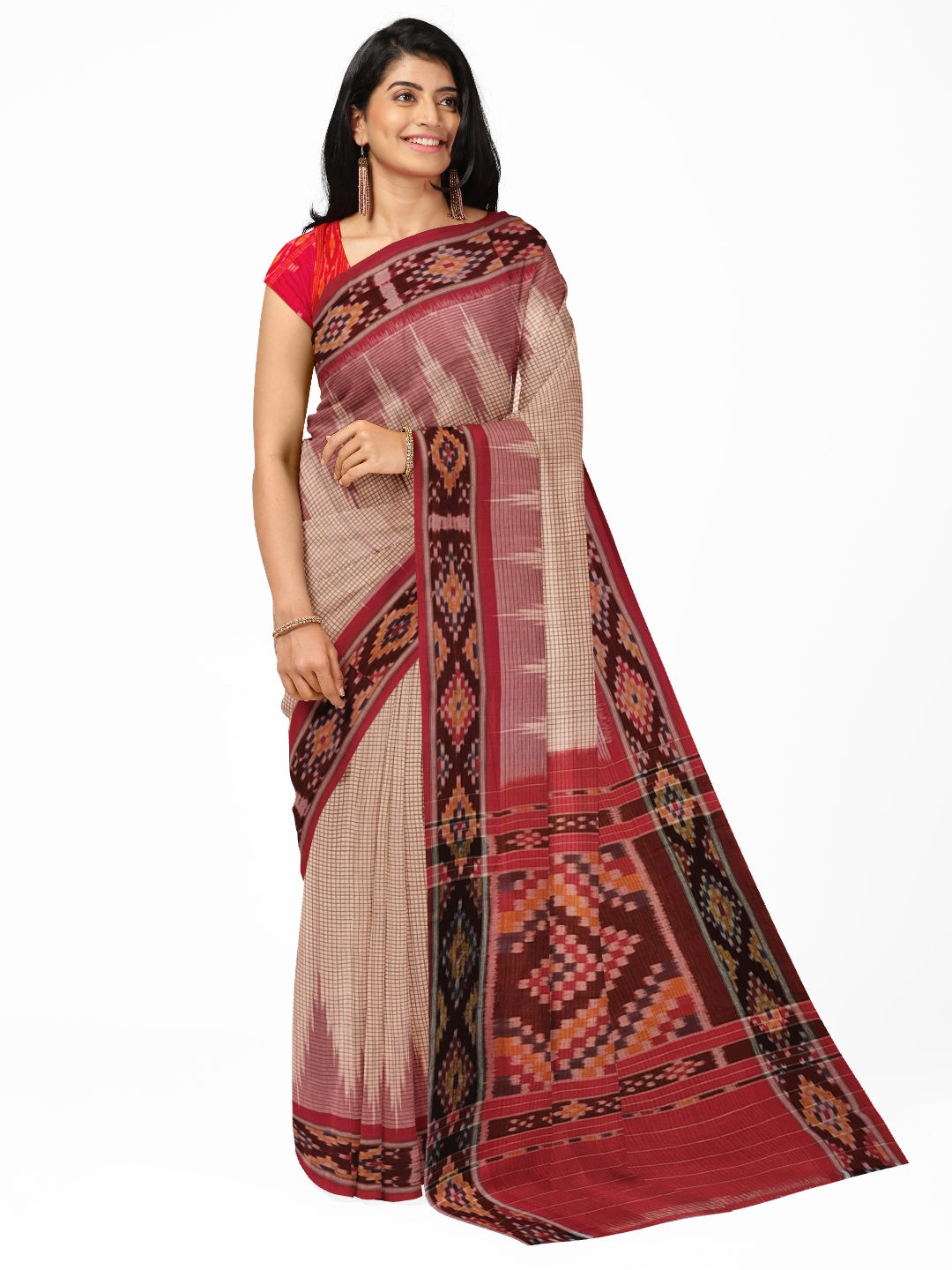 Beige Checkered body Cotton Odisha Ikat saree with cotton ikat blouse piece
