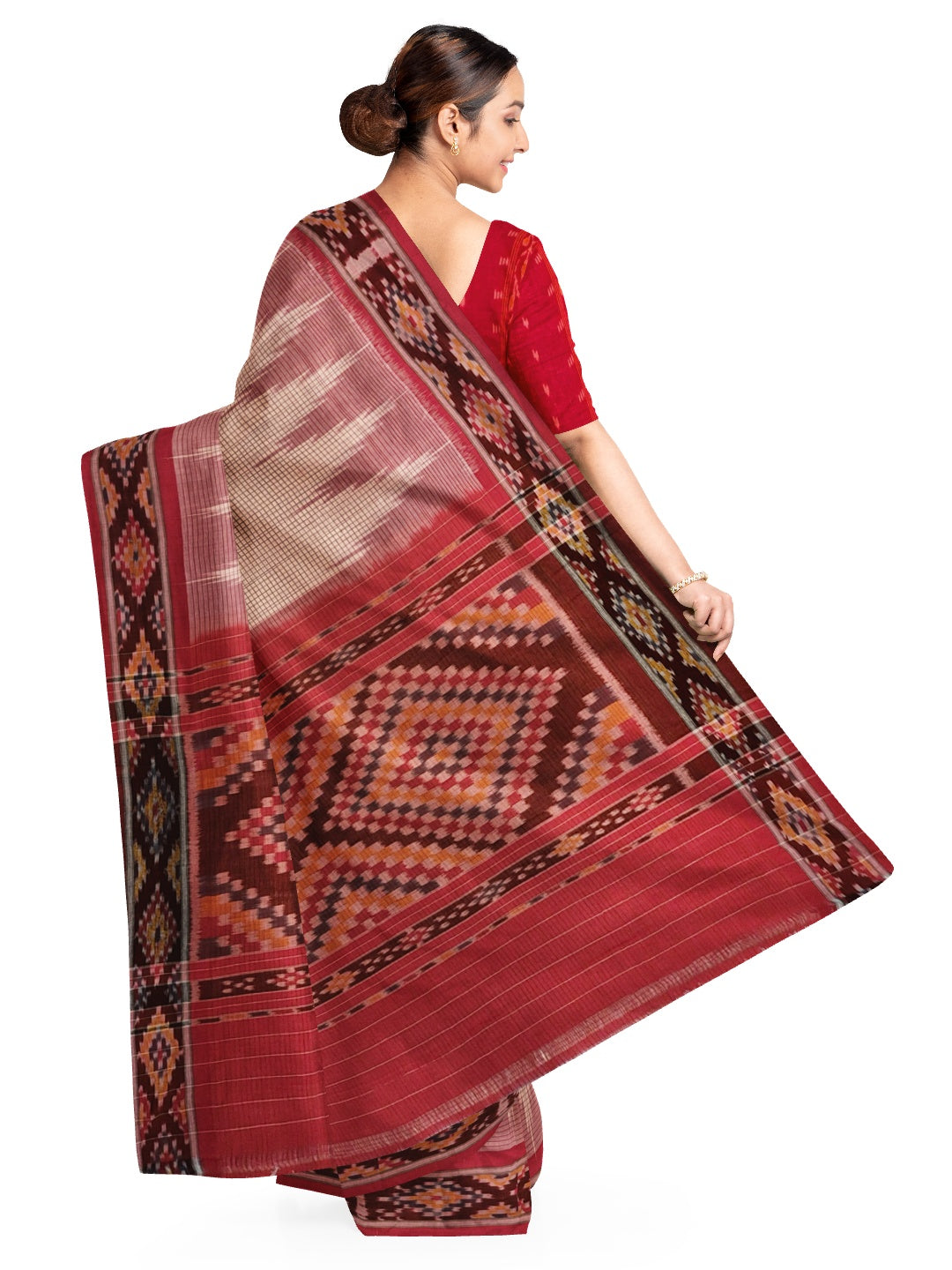 Beige Checkered body Cotton Odisha Ikat saree with cotton ikat blouse piece