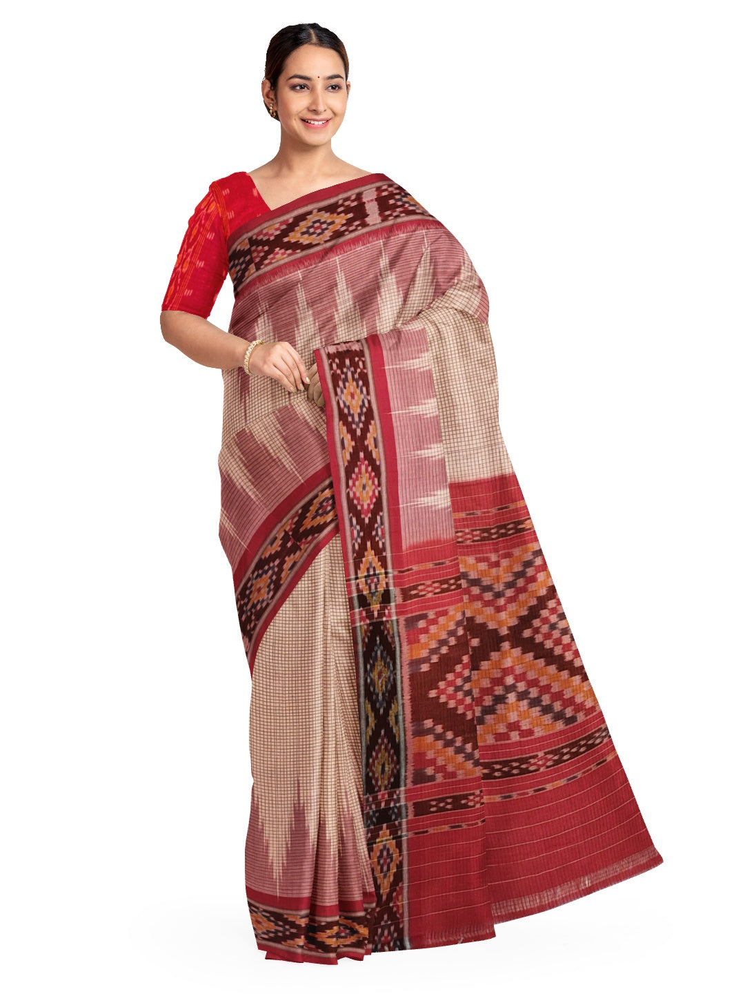 Beige Checkered body Cotton Odisha Ikat saree with cotton ikat blouse piece
