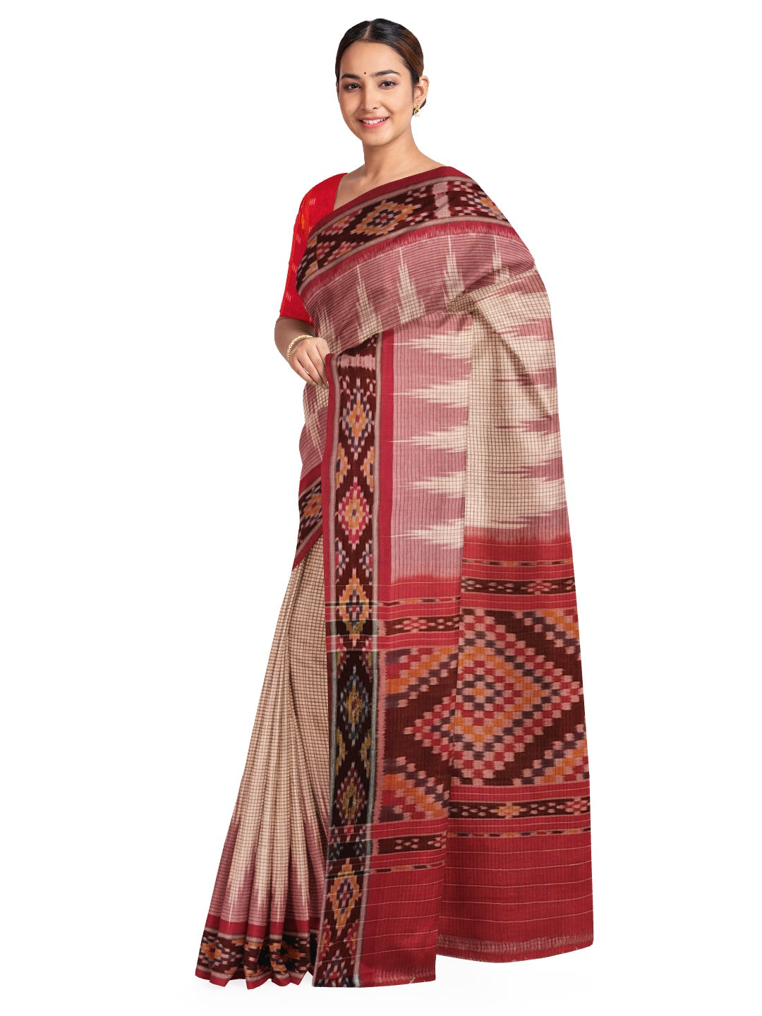 Beige Checkered body Cotton Odisha Ikat saree with cotton ikat blouse piece