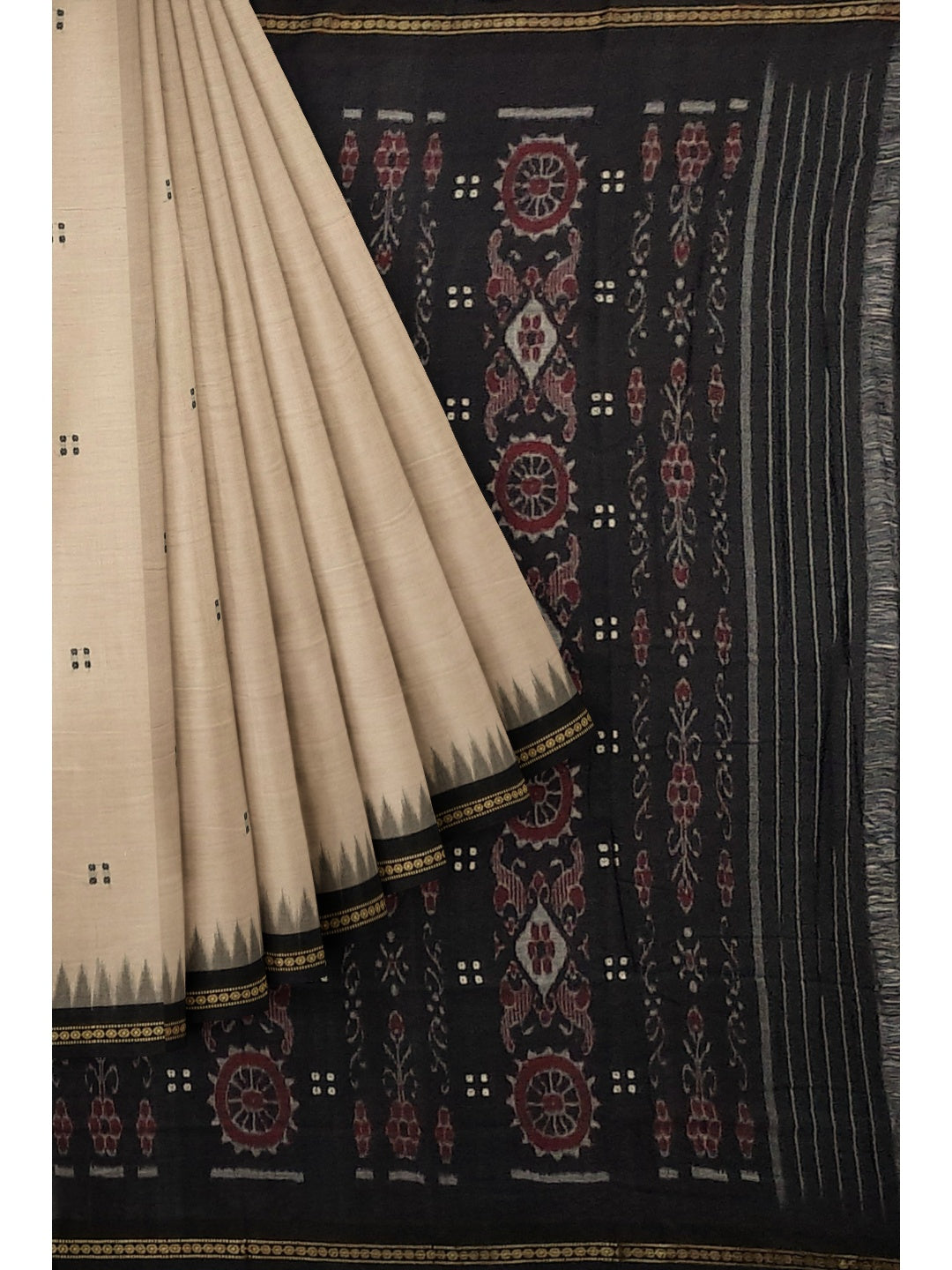Beige with Black Cotton Odisha Ikat saree  with mix match cotton ikat blouse