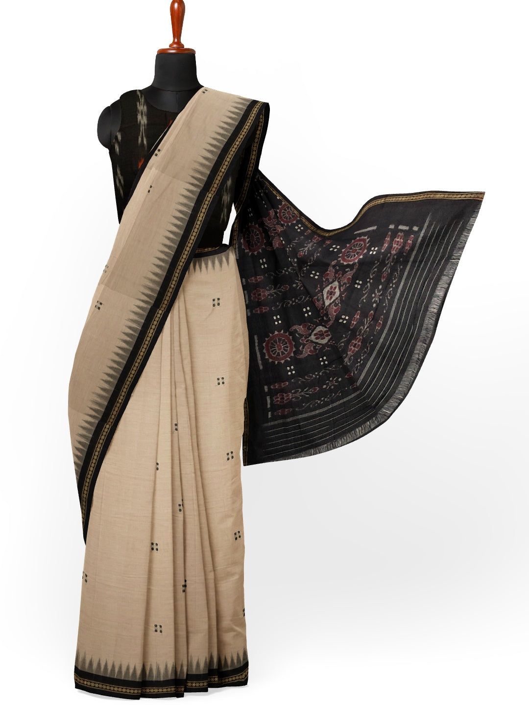 Beige with Black Cotton Odisha Ikat saree  with mix match cotton ikat blouse