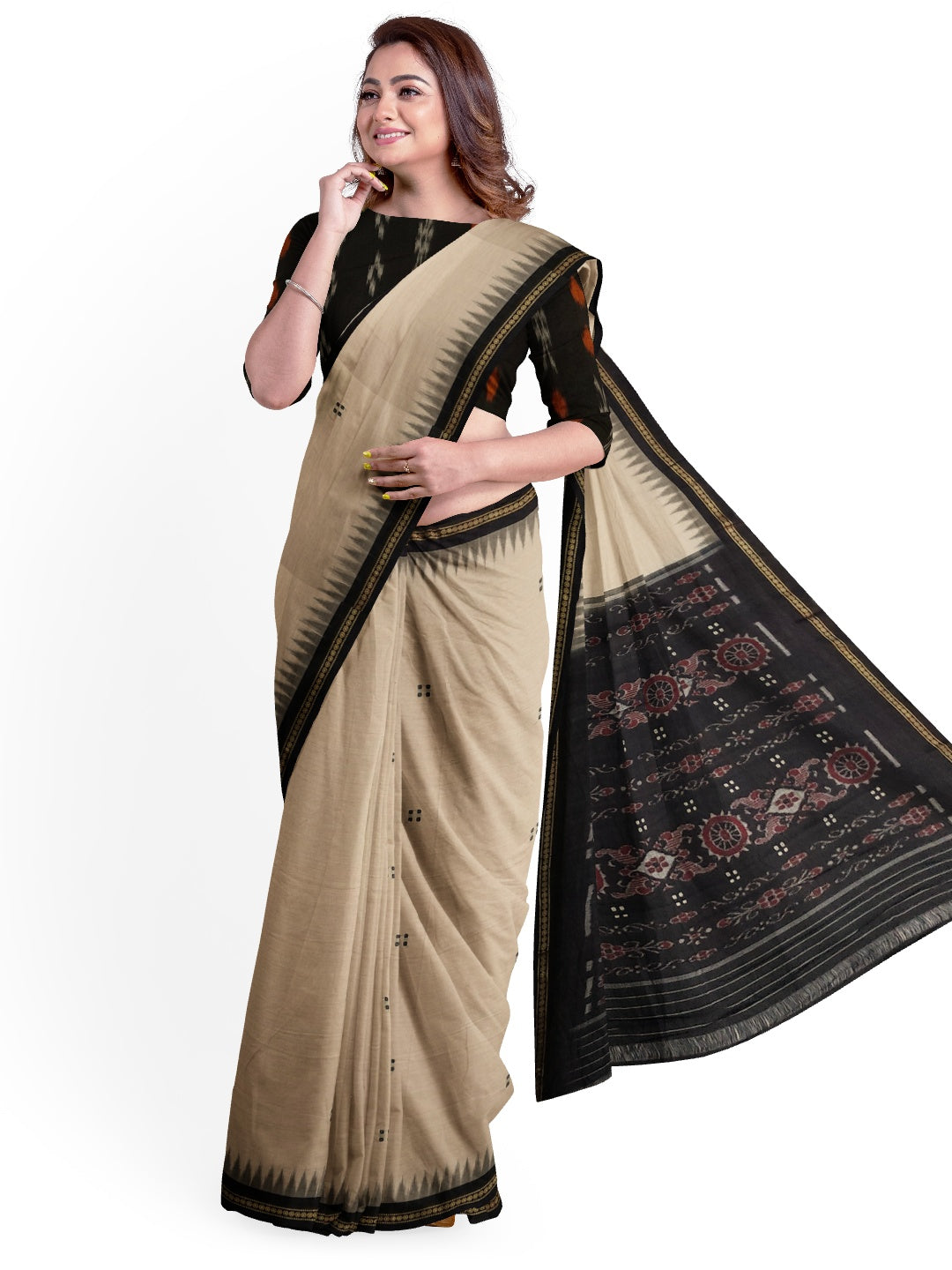 Beige with Black Cotton Odisha Ikat saree  with mix match cotton ikat blouse