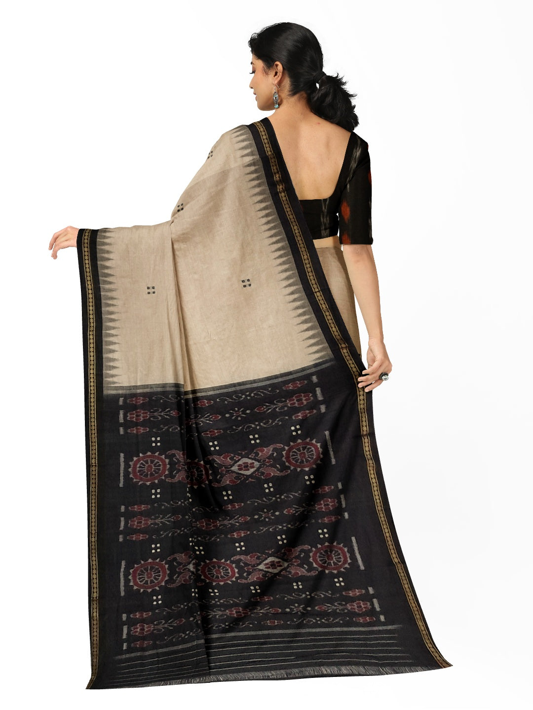Beige with Black Cotton Odisha Ikat saree  with mix match cotton ikat blouse
