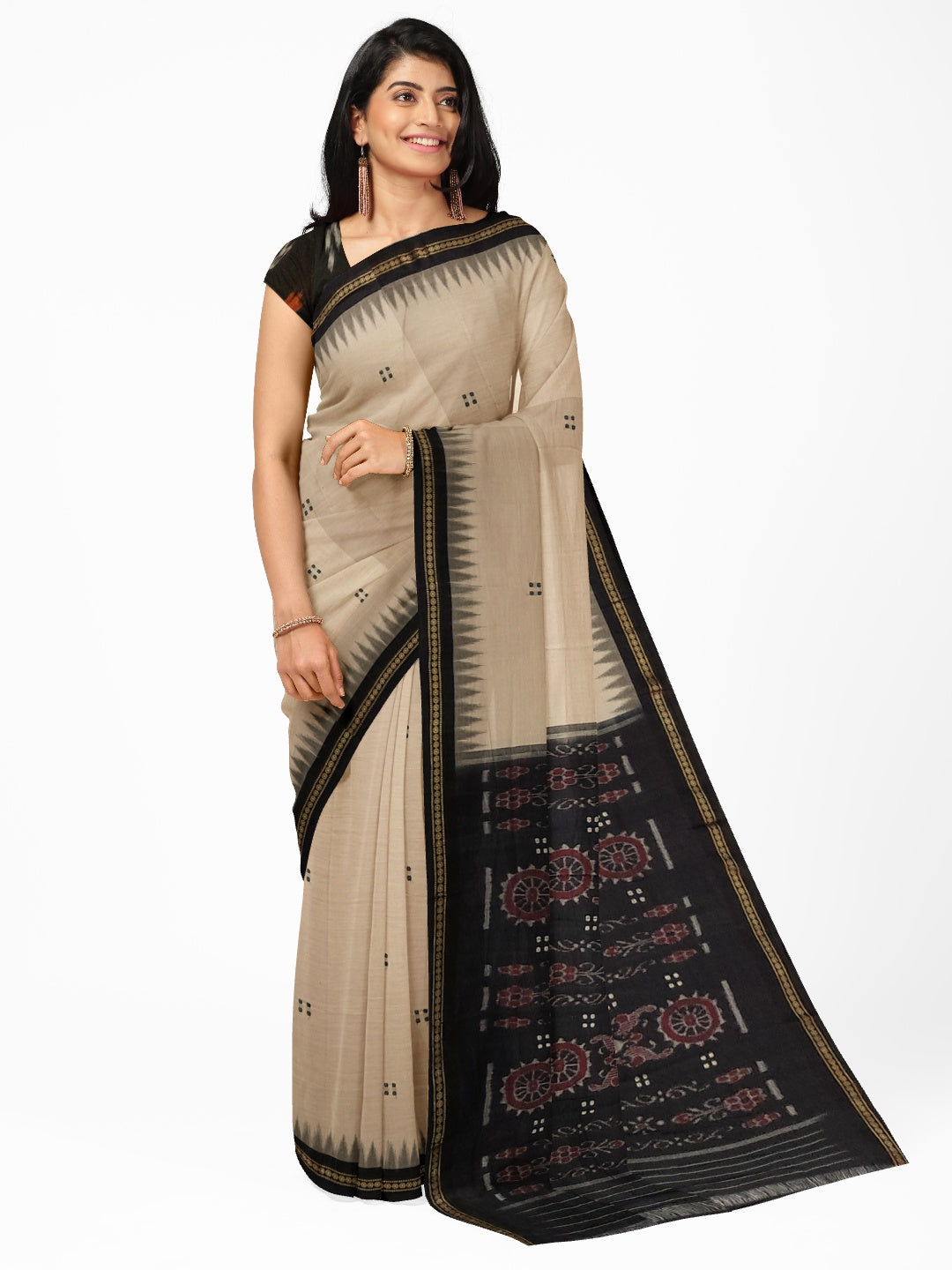 Beige with Black Cotton Odisha Ikat saree  with mix match cotton ikat blouse