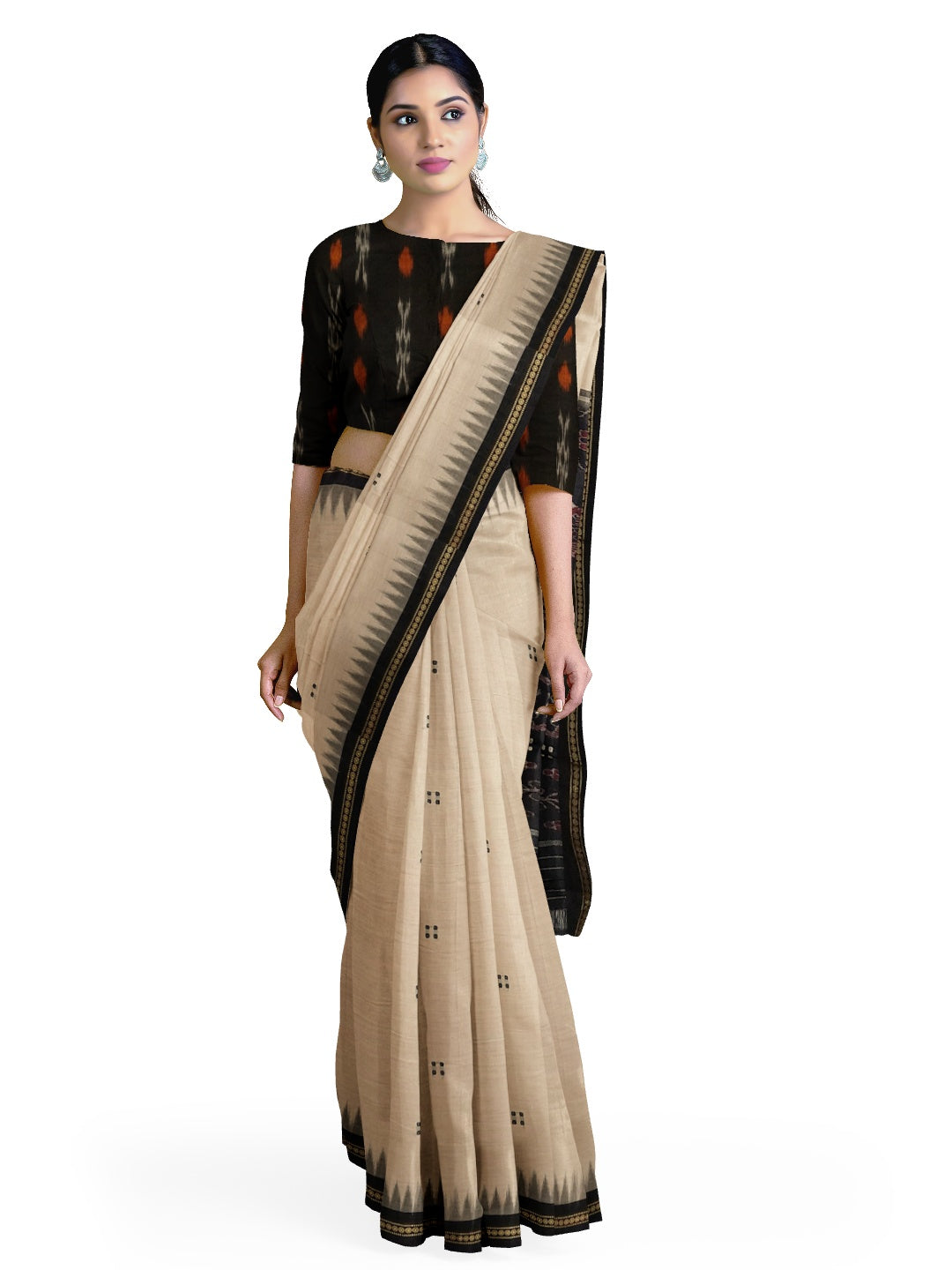 Beige with Black Cotton Odisha Ikat saree  with mix match cotton ikat blouse