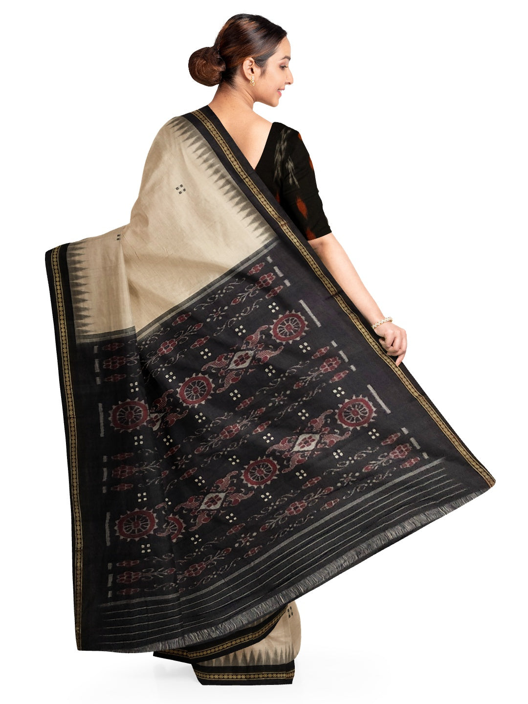 Beige with Black Cotton Odisha Ikat saree  with mix match cotton ikat blouse