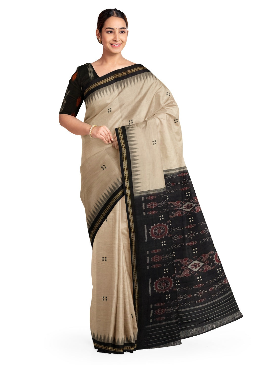 Beige with Black Cotton Odisha Ikat saree  with mix match cotton ikat blouse