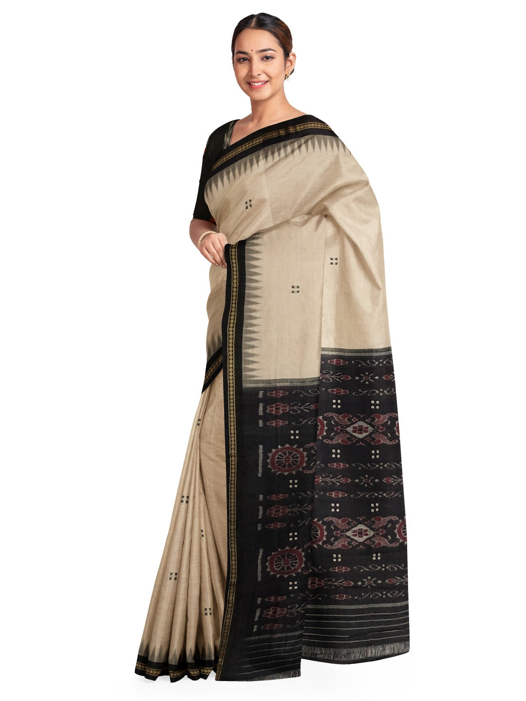 Beige with Black Cotton Odisha Ikat saree  with mix match cotton ikat blouse