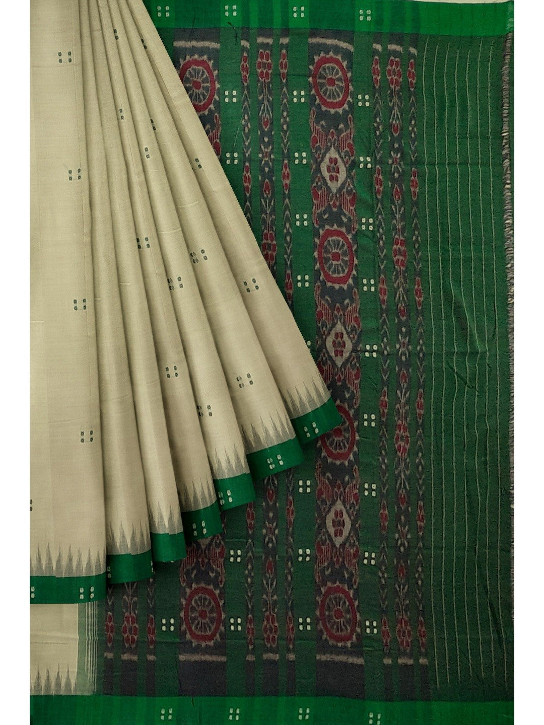 Beige with Green Cotton Odisha Ikat saree  with mix match cotton ikat blouse