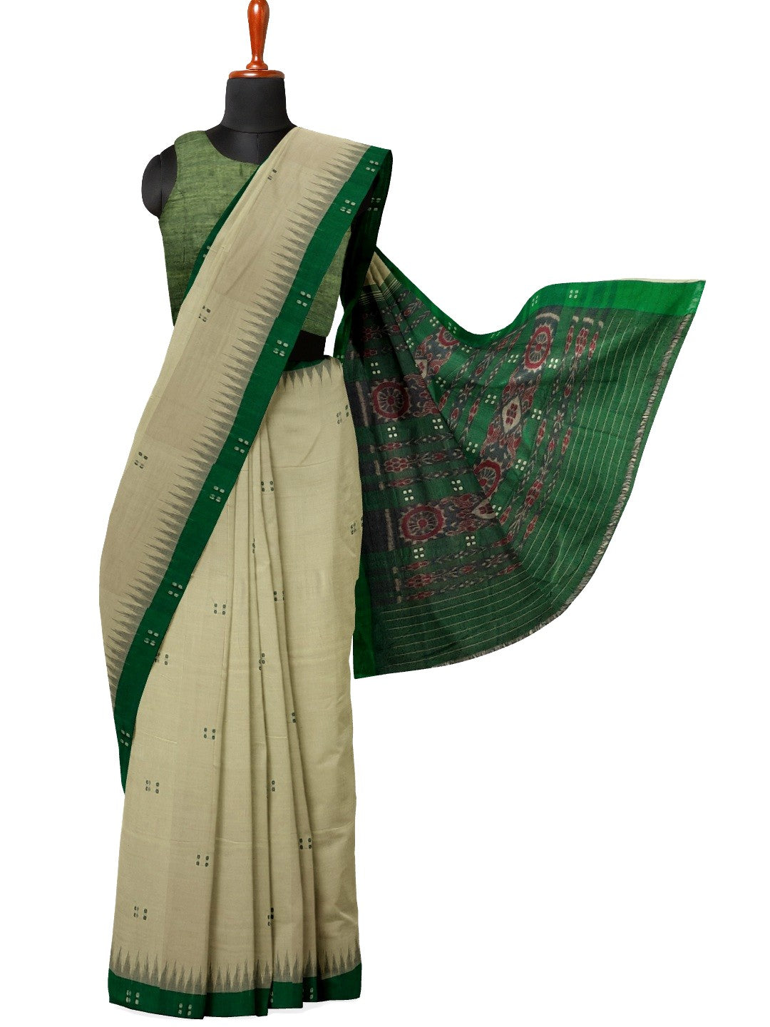 Beige with Green Cotton Odisha Ikat saree  with mix match cotton ikat blouse