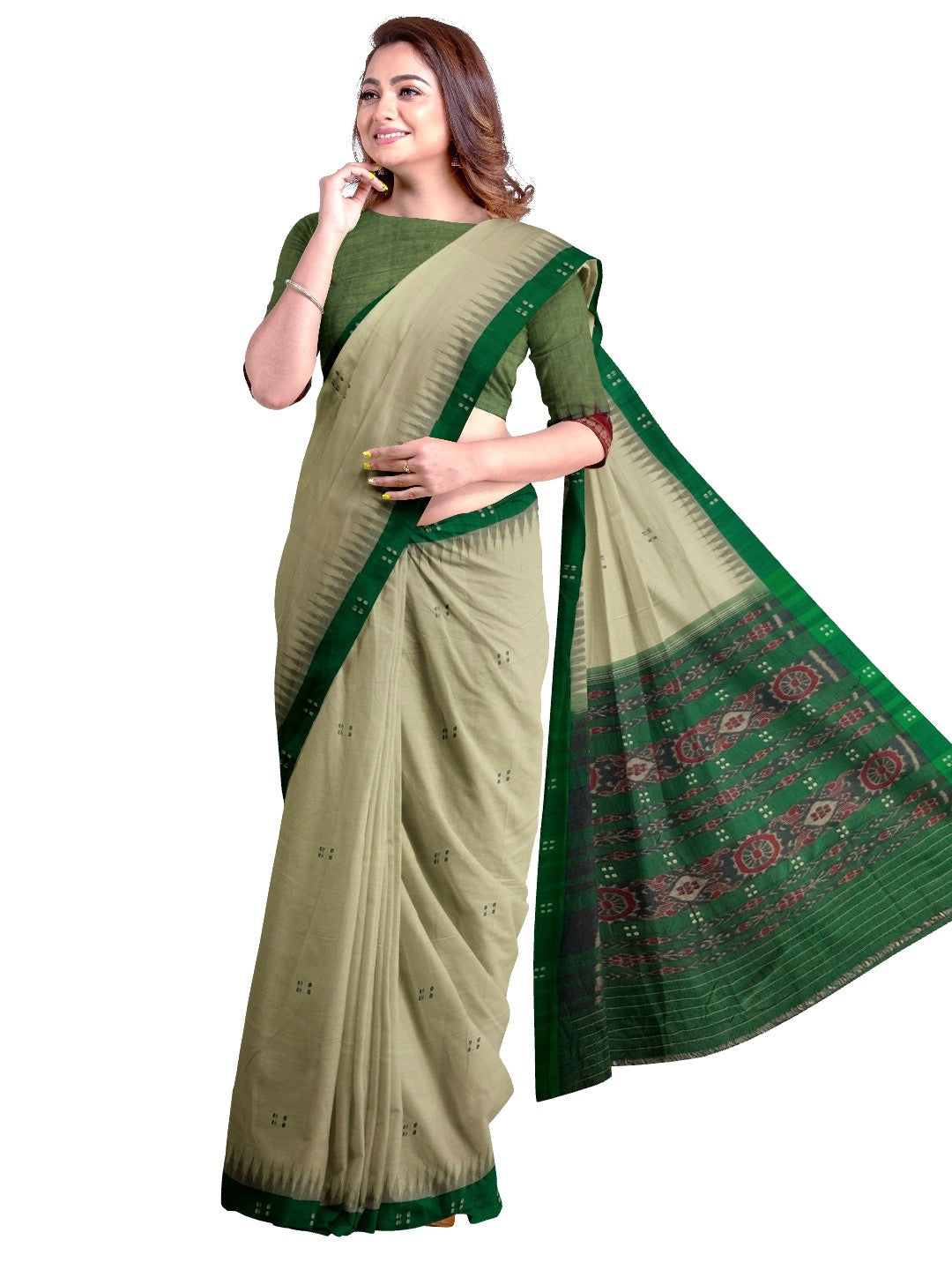 Beige with Green Cotton Odisha Ikat saree  with mix match cotton ikat blouse