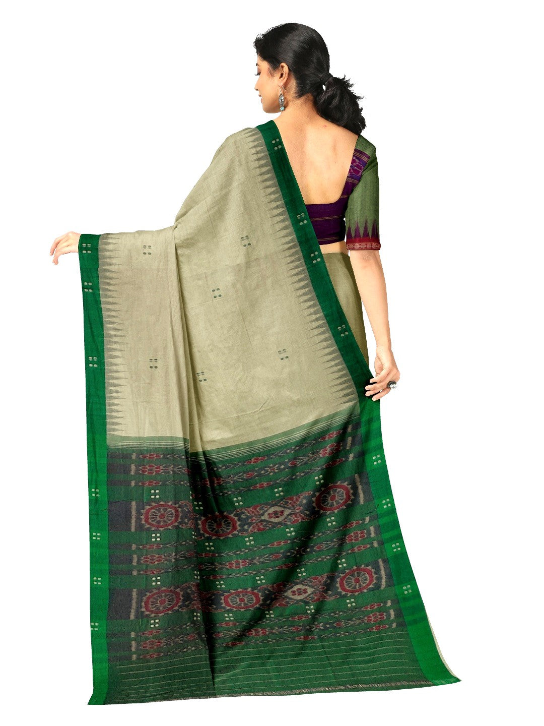 Beige with Green Cotton Odisha Ikat saree  with mix match cotton ikat blouse