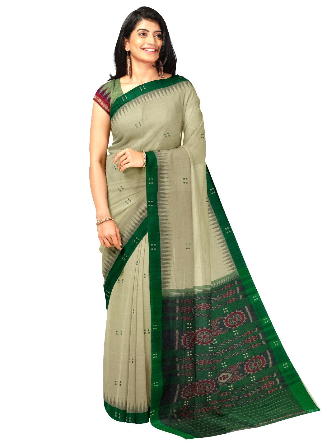Beige with Green Cotton Odisha Ikat saree  with mix match cotton ikat blouse
