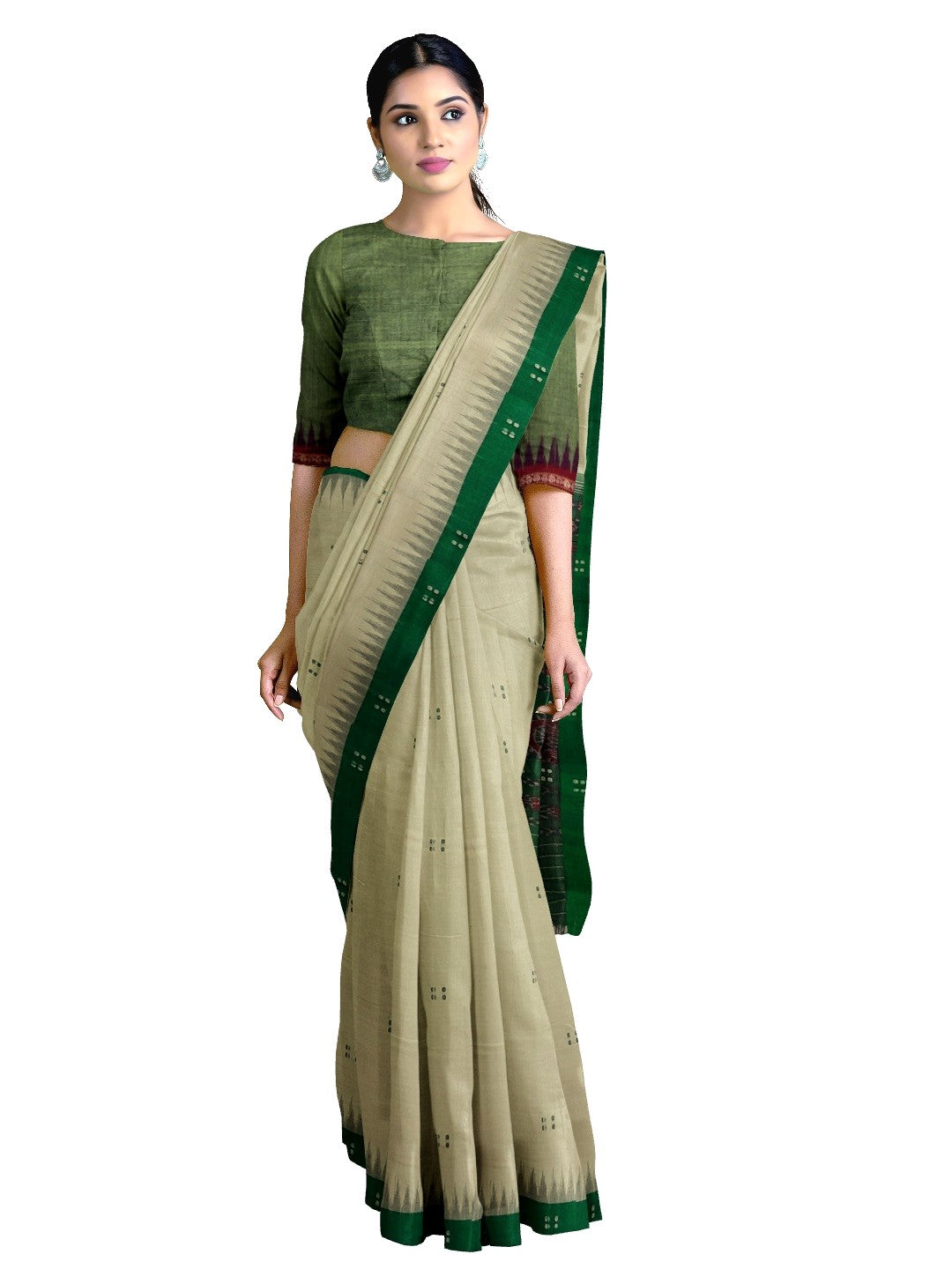 Beige with Green Cotton Odisha Ikat saree  with mix match cotton ikat blouse