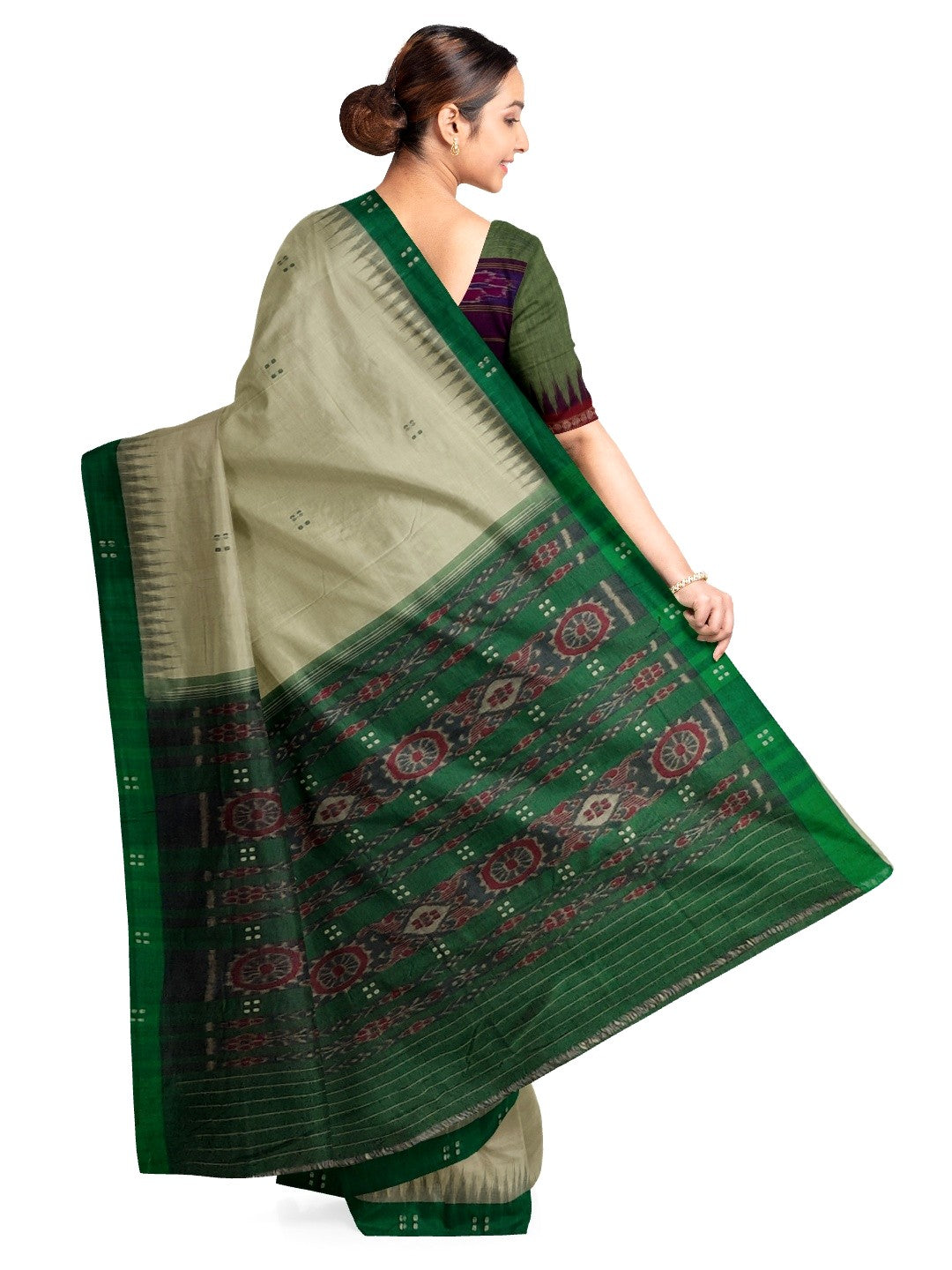 Beige with Green Cotton Odisha Ikat saree  with mix match cotton ikat blouse