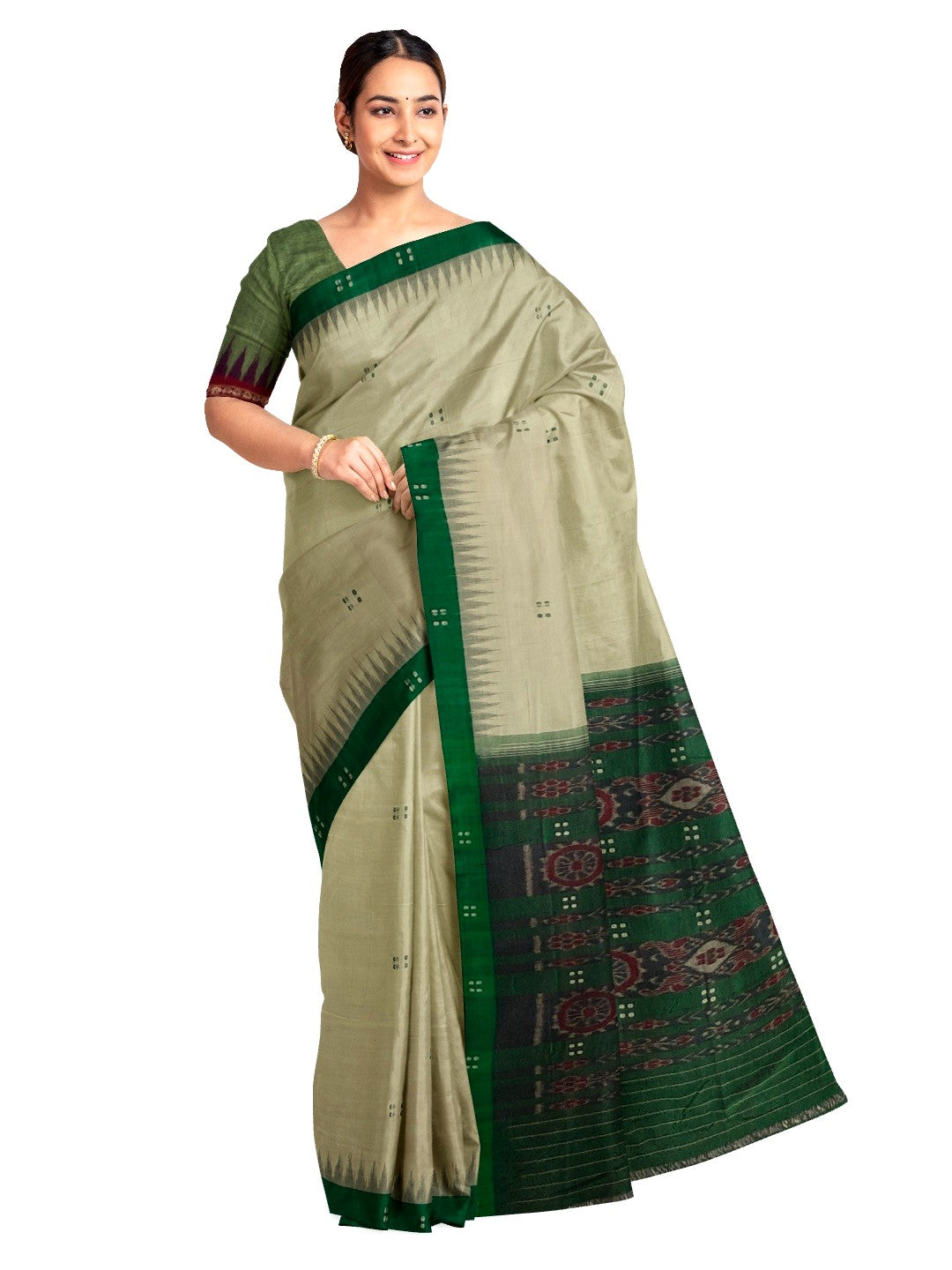 Beige with Green Cotton Odisha Ikat saree  with mix match cotton ikat blouse