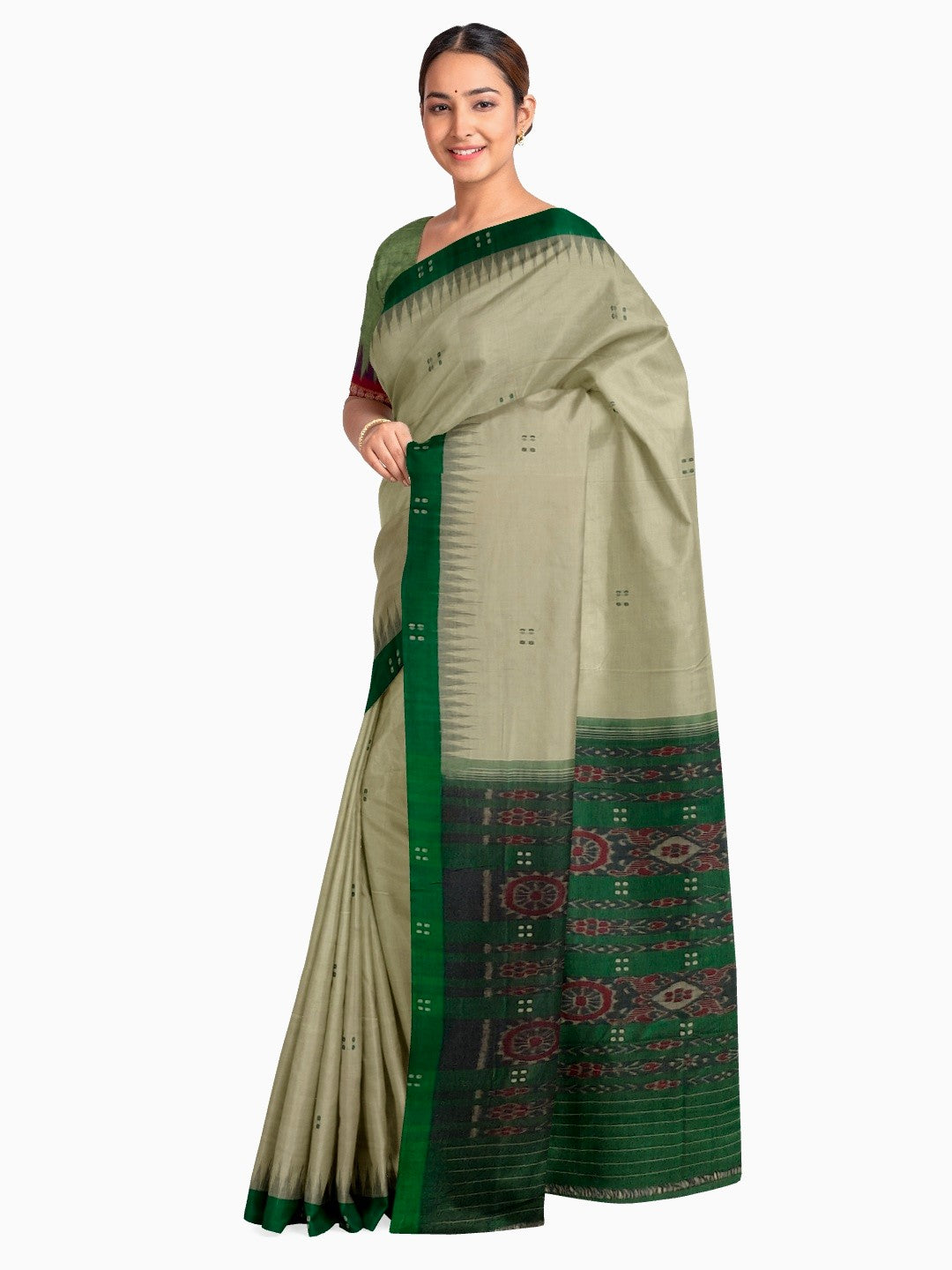Beige with Green Cotton Odisha Ikat saree  with mix match cotton ikat blouse