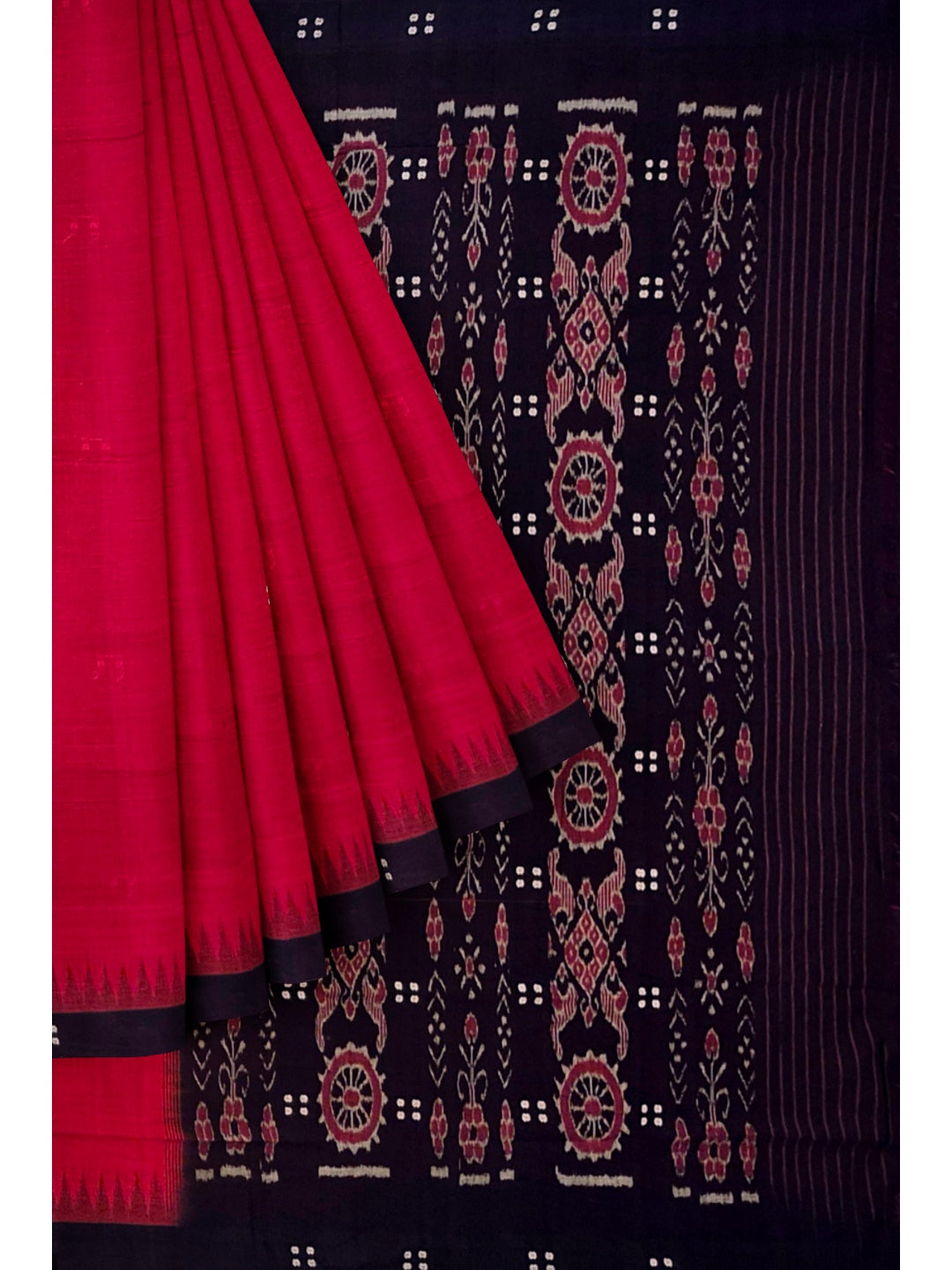 Red and Black Cotton Odisha Ikat saree with cotton ikat blouse piece