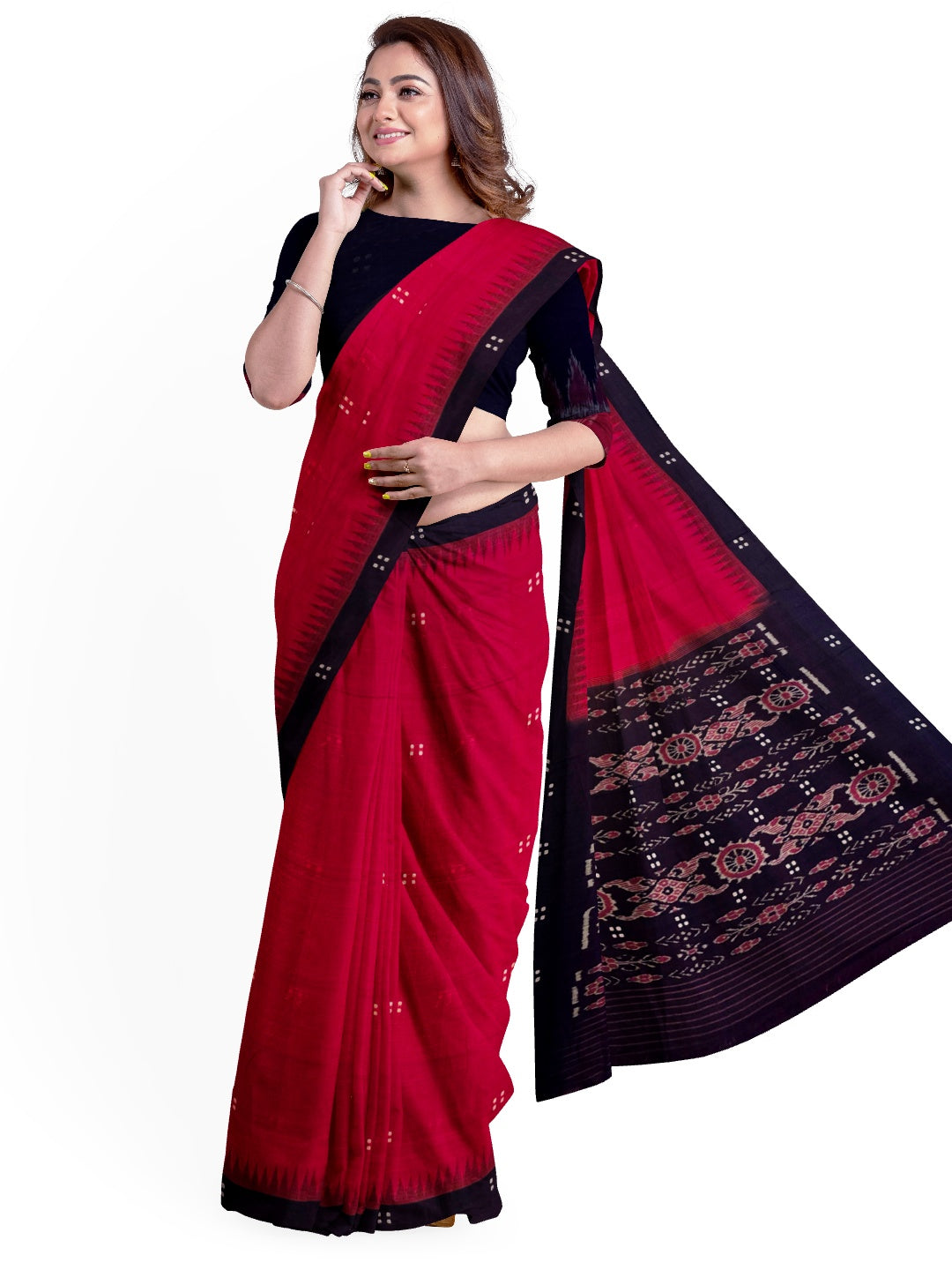 Red and Black Cotton Odisha Ikat saree with cotton ikat blouse piece