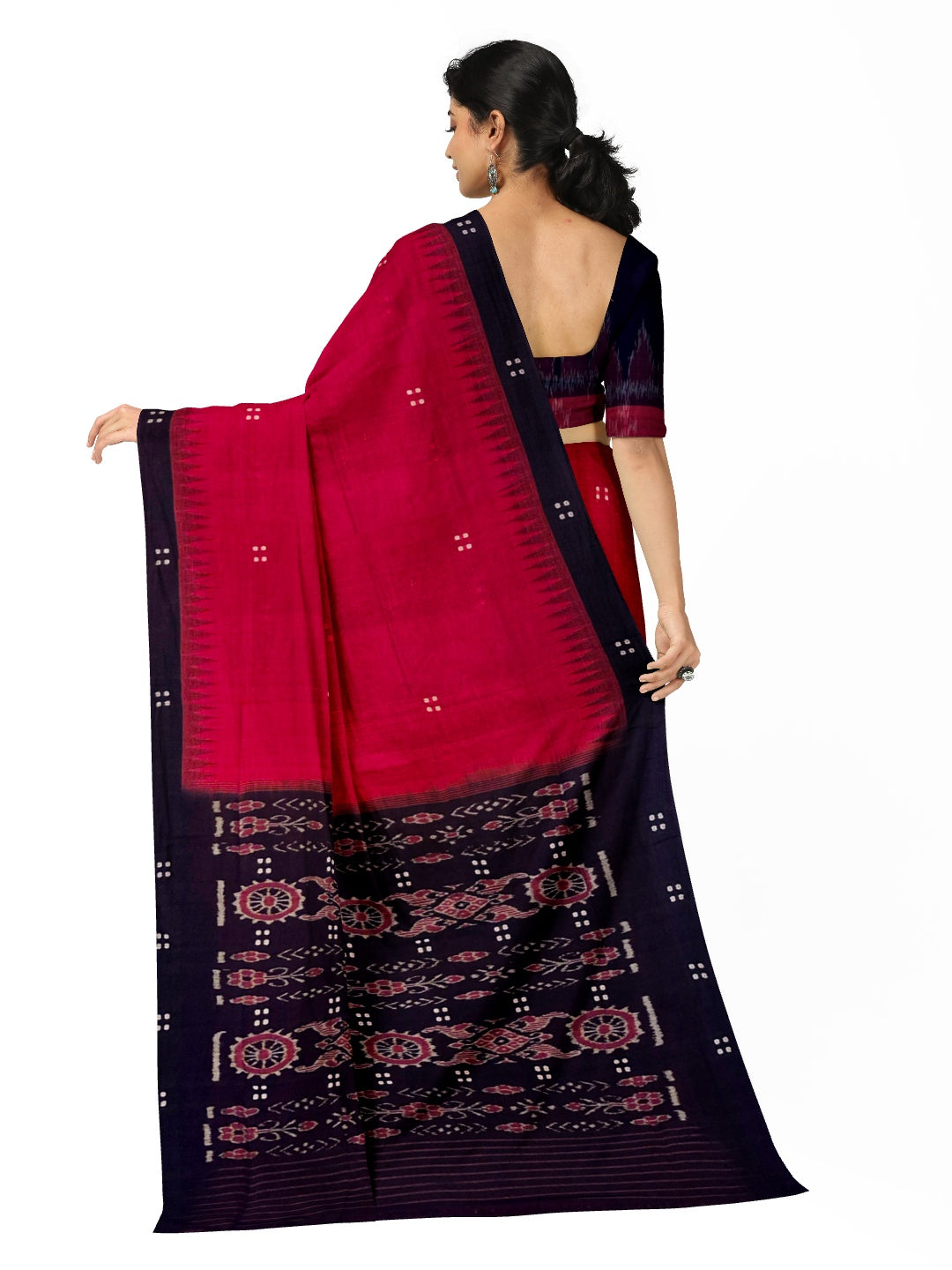 Red and Black Cotton Odisha Ikat saree with cotton ikat blouse piece