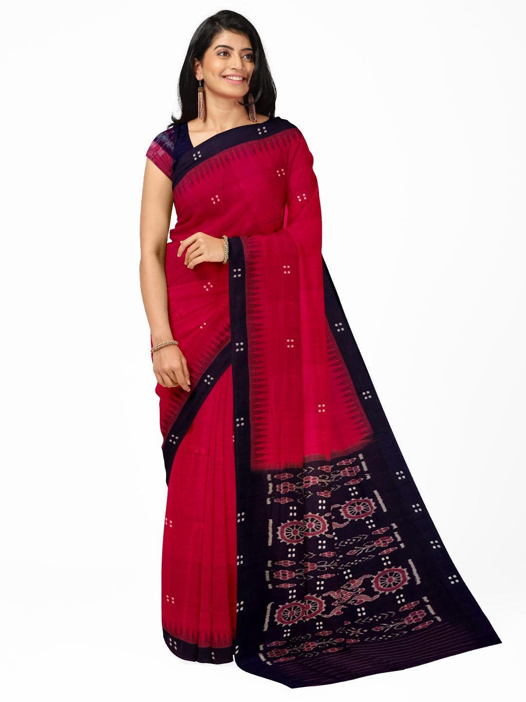 Red and Black Cotton Odisha Ikat saree with cotton ikat blouse piece