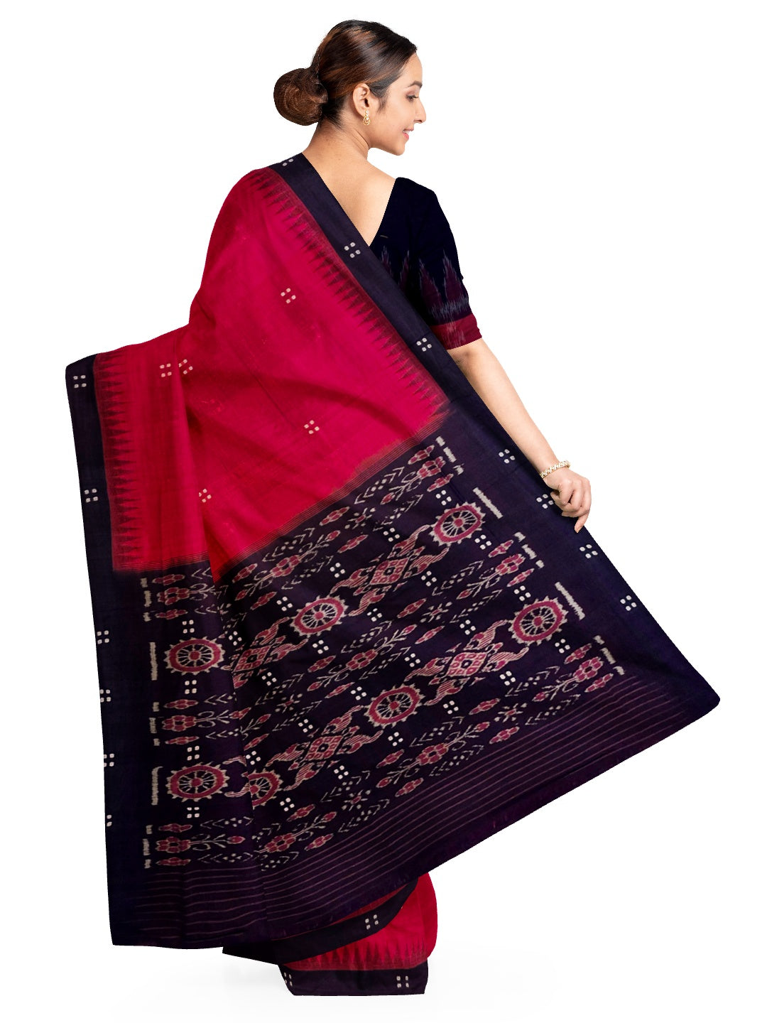 Red and Black Cotton Odisha Ikat saree with cotton ikat blouse piece