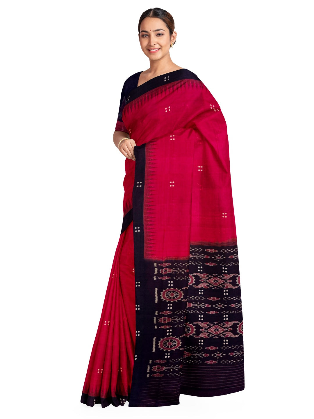 Red and Black Cotton Odisha Ikat saree with cotton ikat blouse piece
