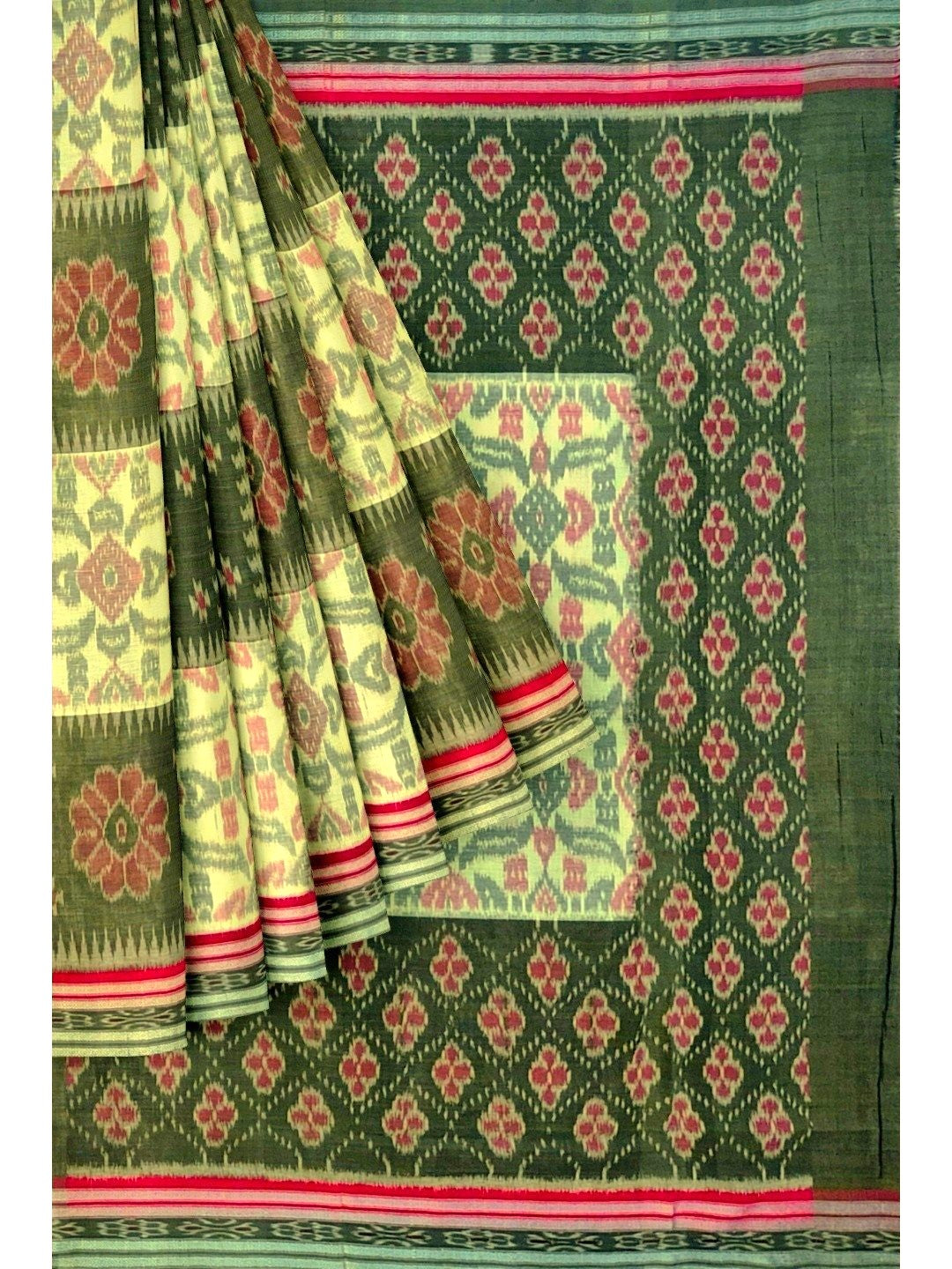 Green Red and White Odisha Ikat saree  with cotton ikat blouse piece