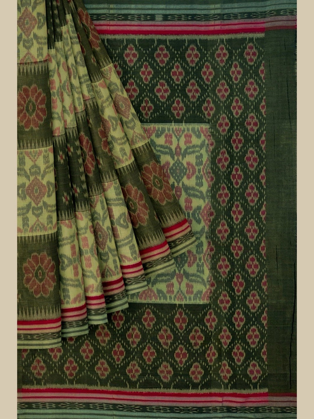 Green Red and White Odisha Ikat saree  with cotton ikat blouse piece
