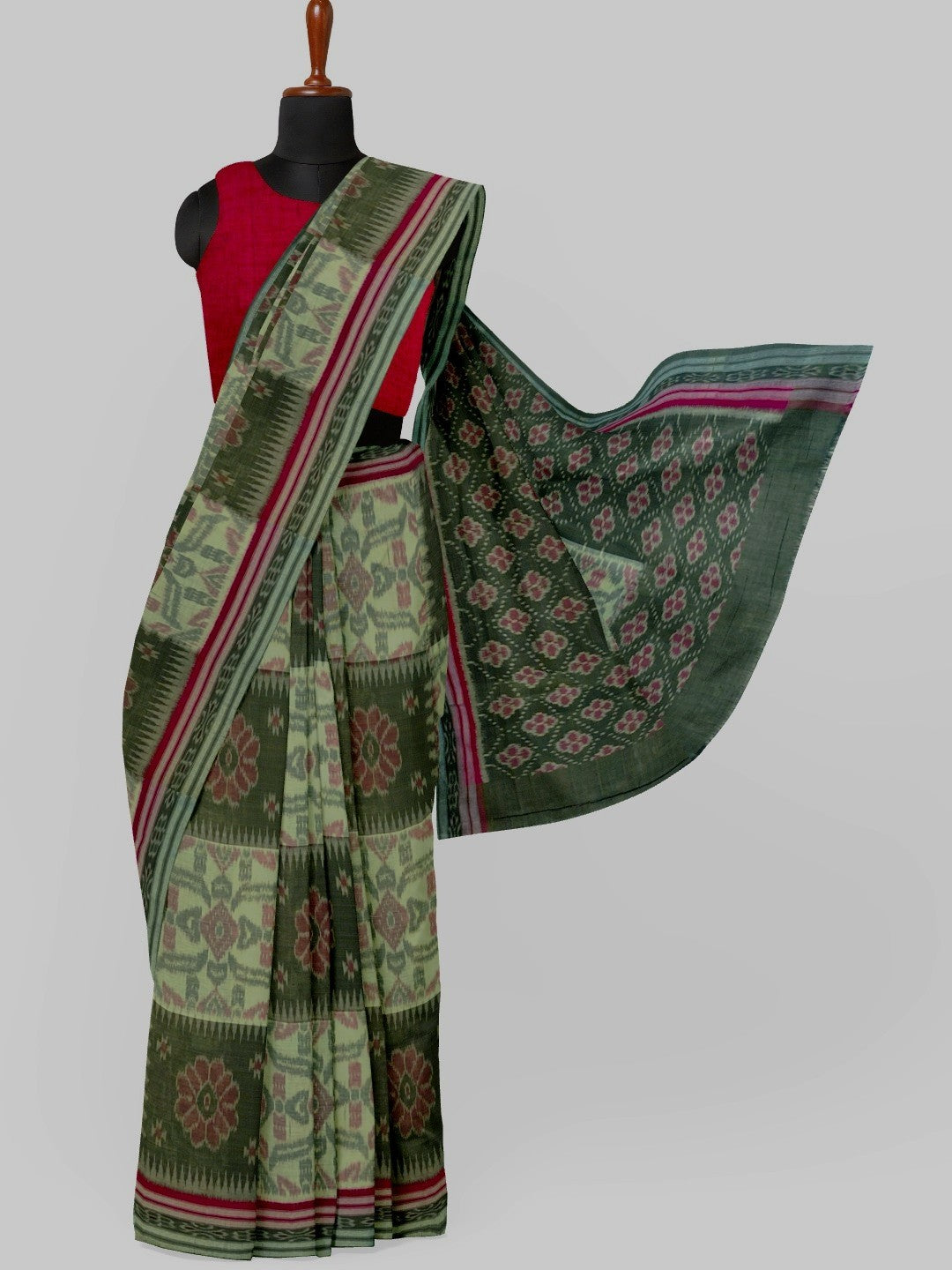 Green Red and White Odisha Ikat saree  with cotton ikat blouse piece