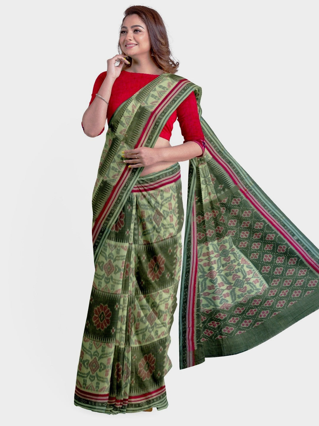 Green Red and White Odisha Ikat saree  with cotton ikat blouse piece