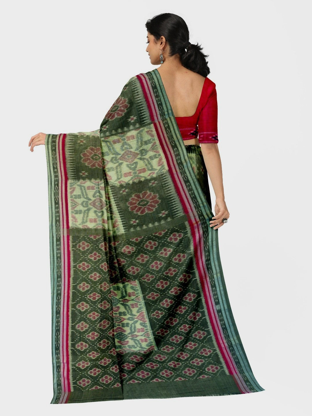 Green Red and White Odisha Ikat saree  with cotton ikat blouse piece