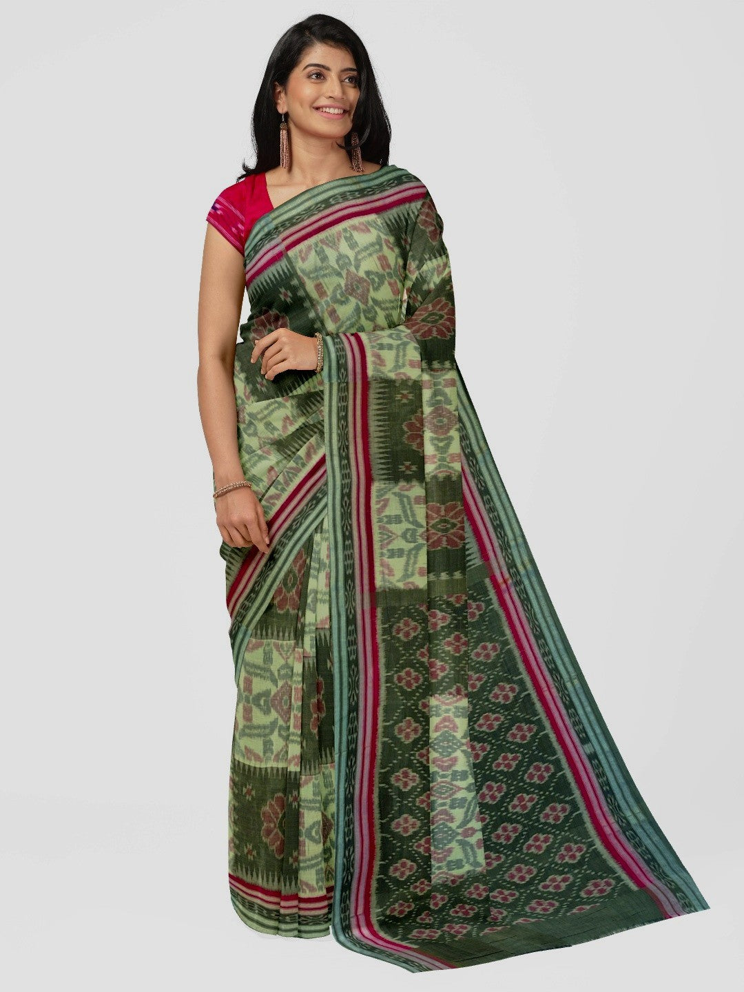 Green Red and White Odisha Ikat saree  with cotton ikat blouse piece
