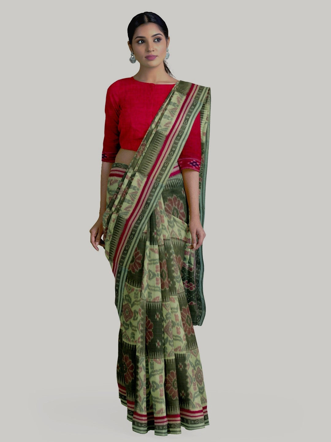 Green Red and White Odisha Ikat saree  with cotton ikat blouse piece