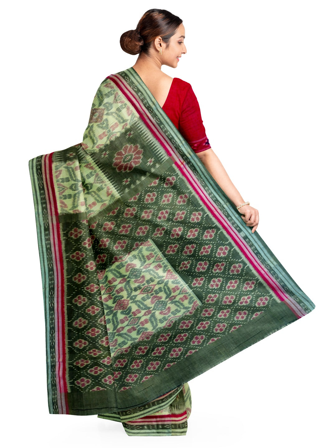 Green Red and White Odisha Ikat saree  with cotton ikat blouse piece