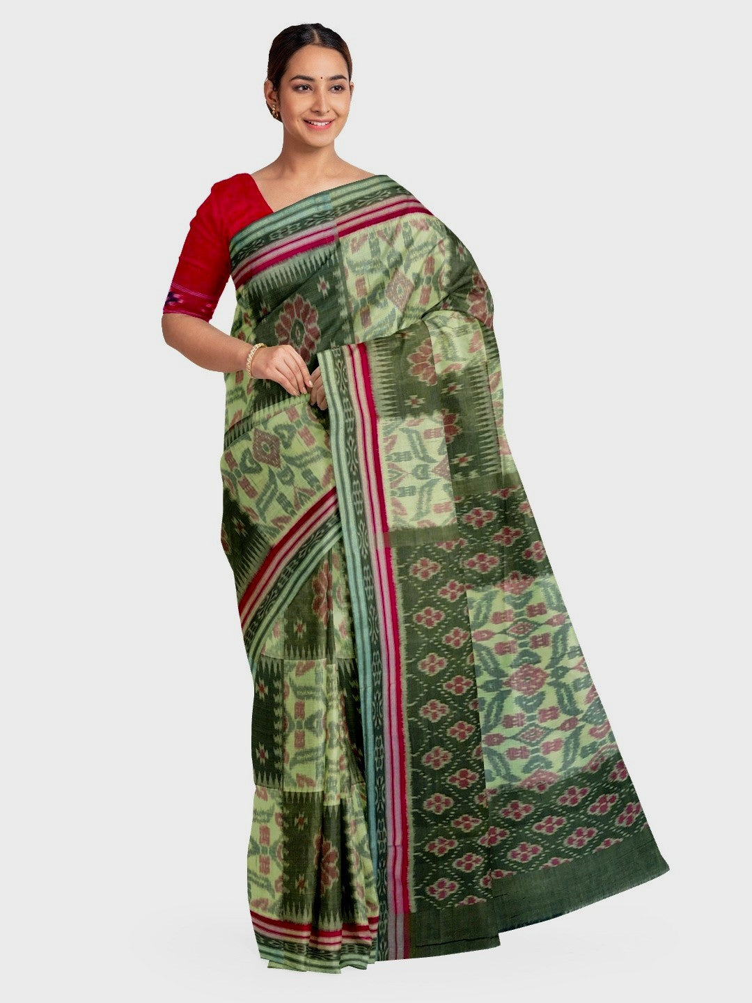 Green Red and White Odisha Ikat saree  with cotton ikat blouse piece