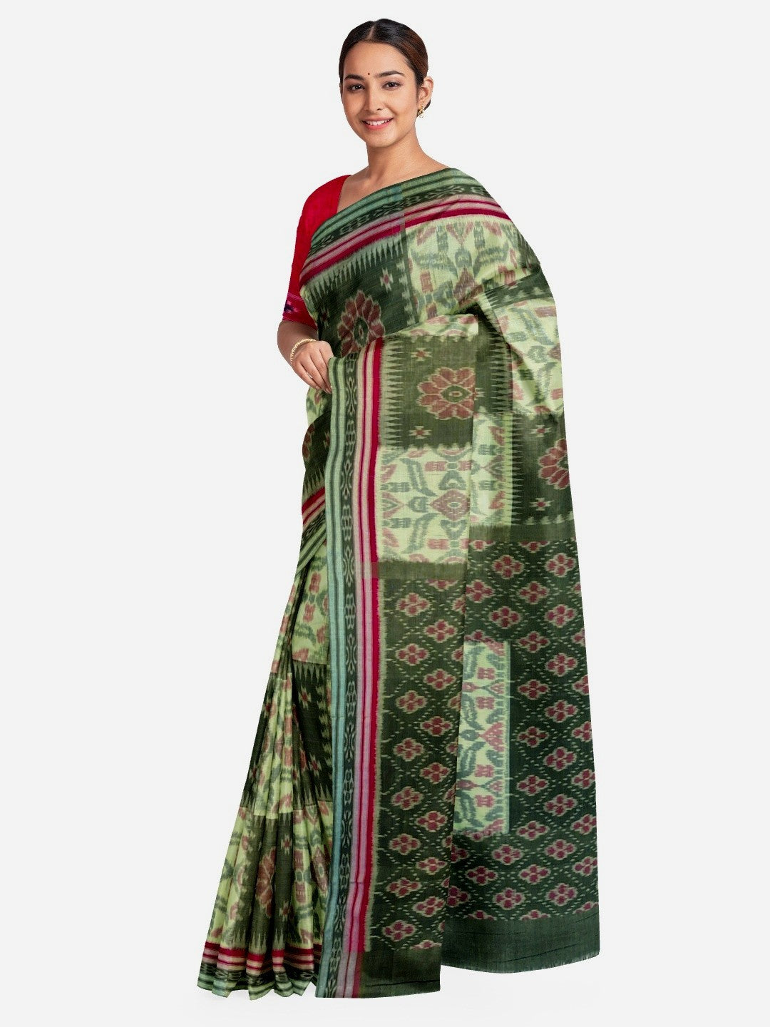 Green Red and White Odisha Ikat saree  with cotton ikat blouse piece