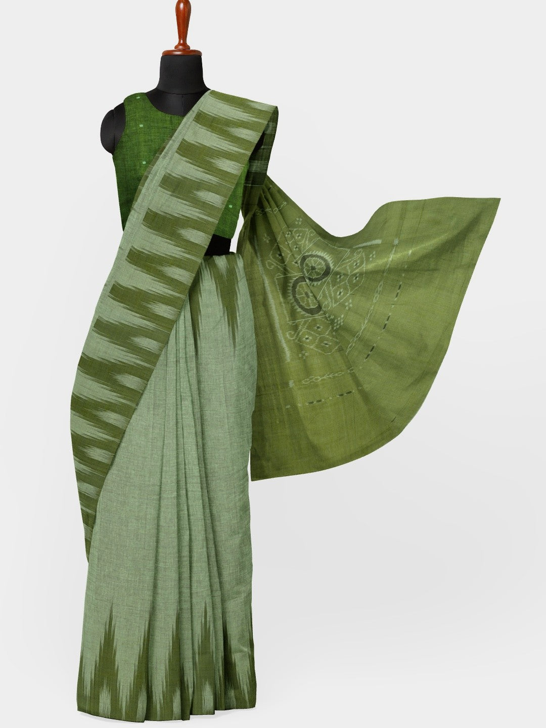 Green Cotton Odisha Ikat saree  with mix match cotton ikat blouse