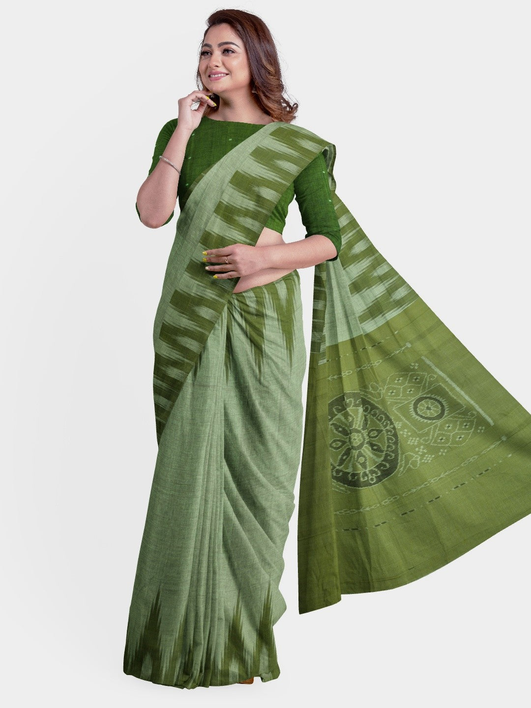 Green Cotton Odisha Ikat saree  with mix match cotton ikat blouse