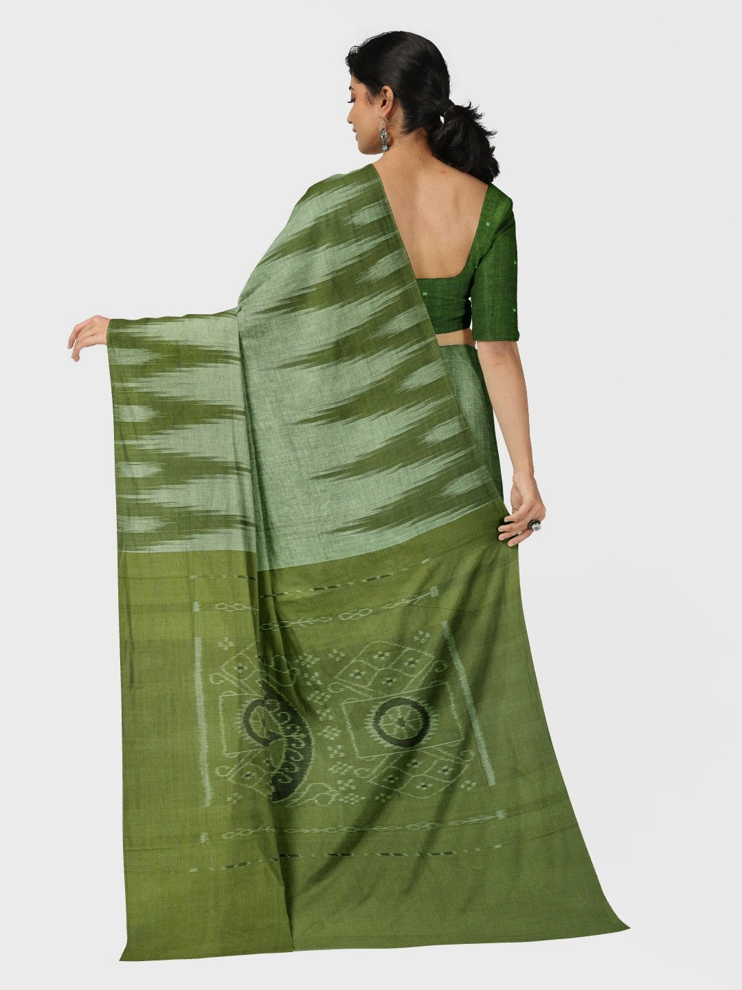 Green Cotton Odisha Ikat saree  with mix match cotton ikat blouse