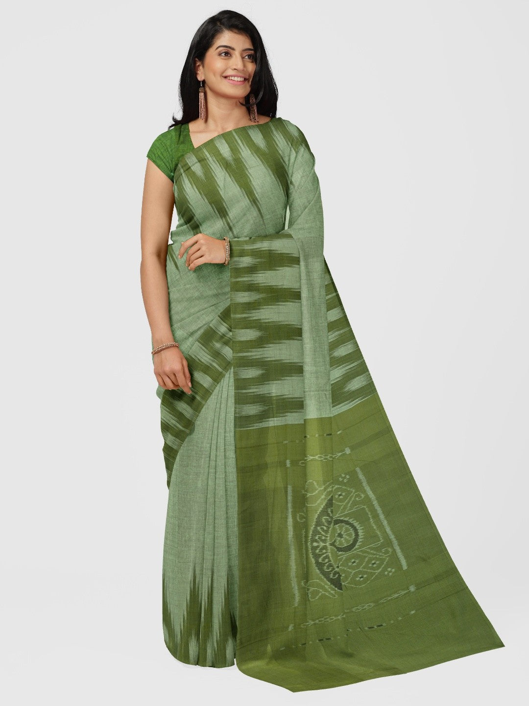 Green Cotton Odisha Ikat saree  with mix match cotton ikat blouse