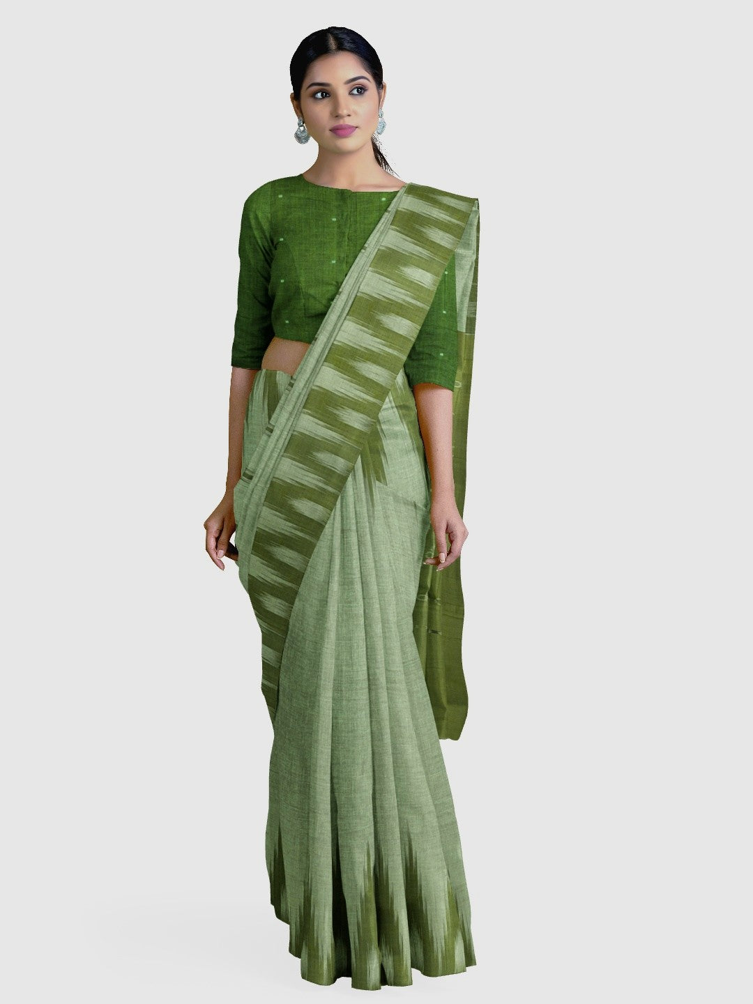 Green Cotton Odisha Ikat saree  with mix match cotton ikat blouse