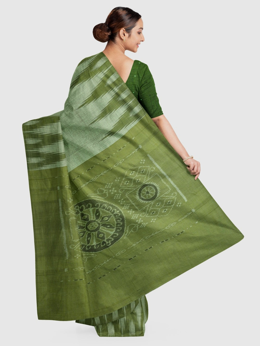 Green Cotton Odisha Ikat saree  with mix match cotton ikat blouse