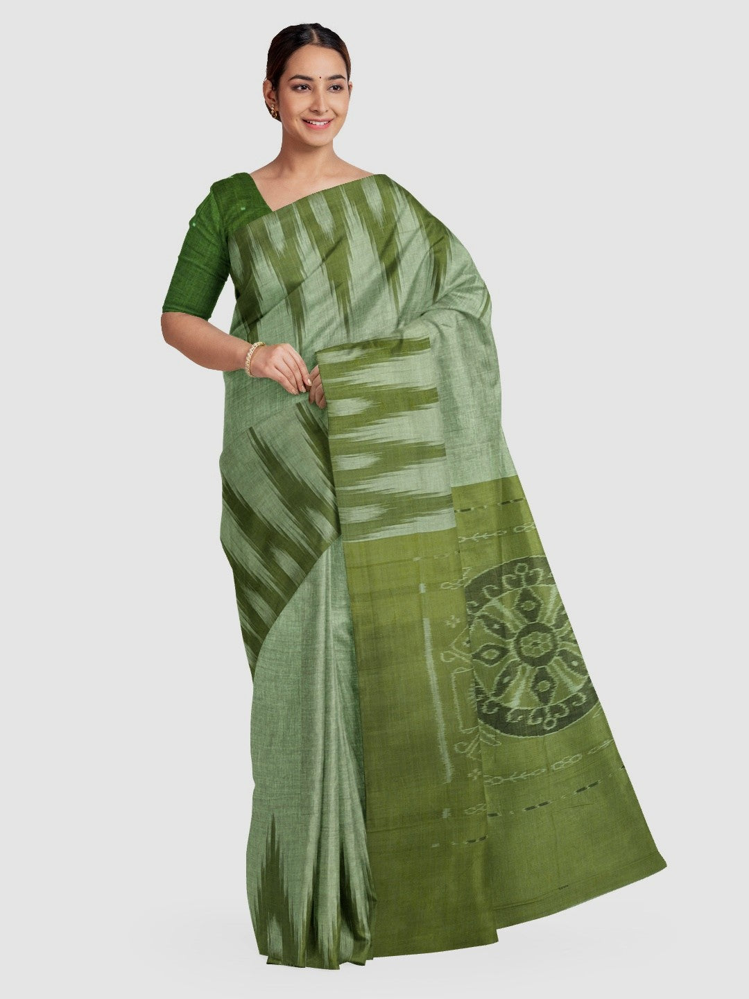 Green Cotton Odisha Ikat saree  with mix match cotton ikat blouse