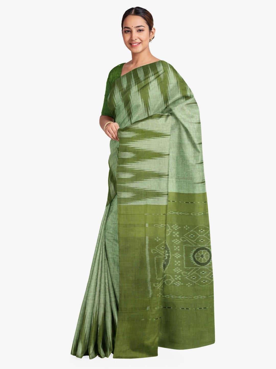 Green Cotton Odisha Ikat saree  with mix match cotton ikat blouse