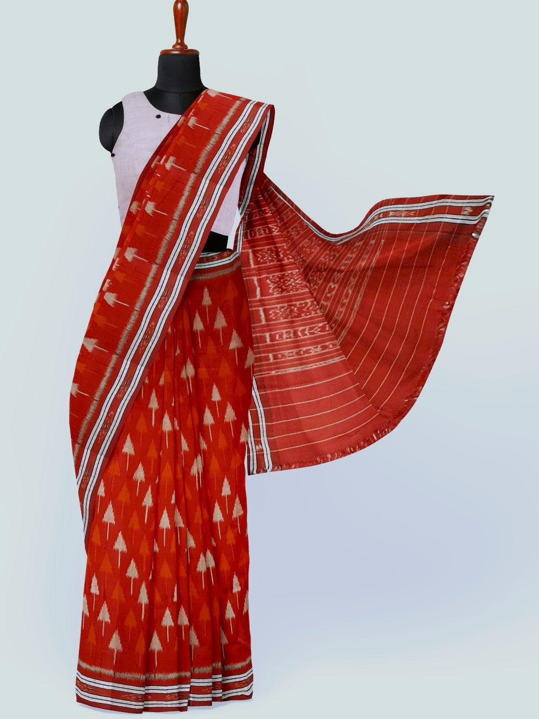 Red Cotton Ikat saree with cotton ikat blouse piece