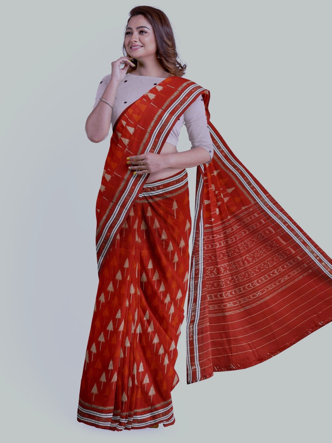 Red Cotton Ikat saree with cotton ikat blouse piece